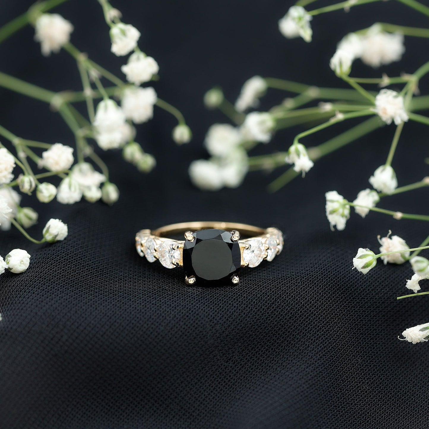 Certified 2.8 Carat Lab Grown Black Diamond Cushion Cut Engagement Ring with Side Stones