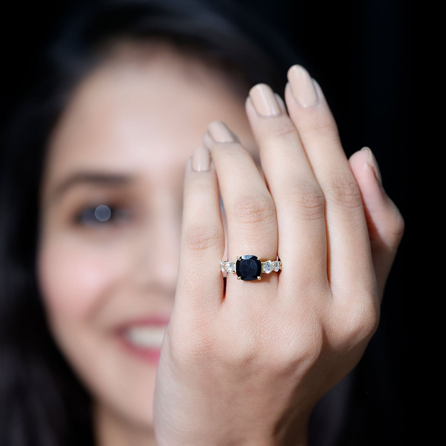 Certified 2.8 Carat Lab Grown Black Diamond Cushion Cut Engagement Ring with Side Stones