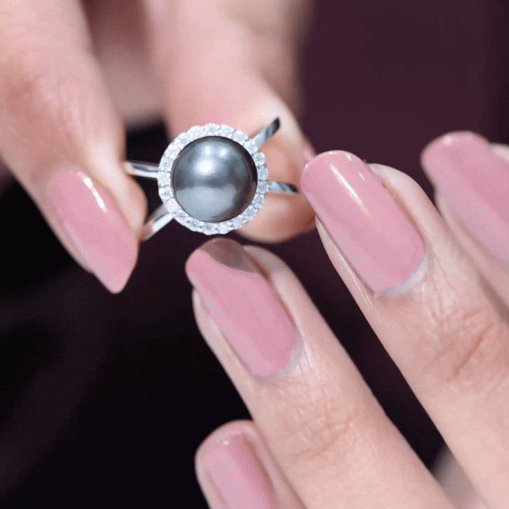 7.5 Carat Black Pearl Criss Cross Engagement Ring with Diamond Halo