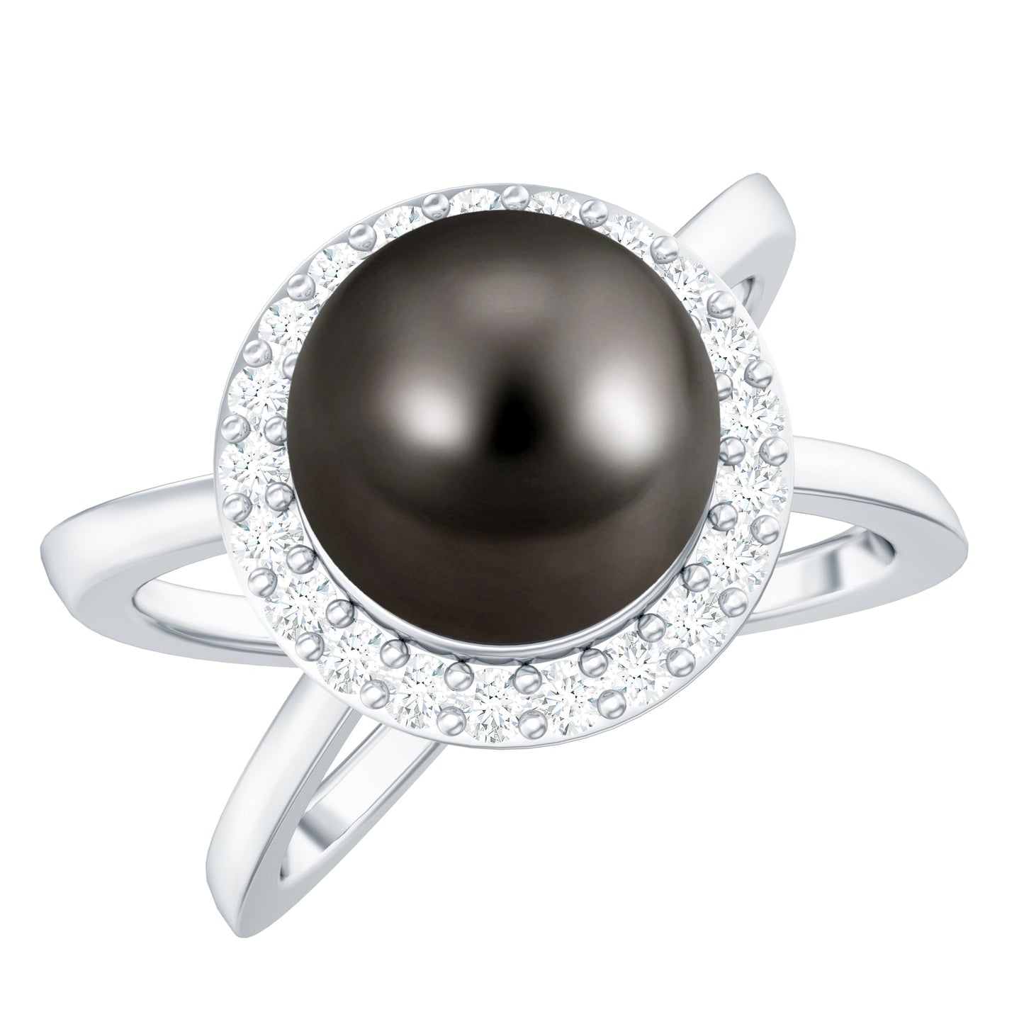 7.5 Carat Black Pearl Criss Cross Engagement Ring with Diamond Halo