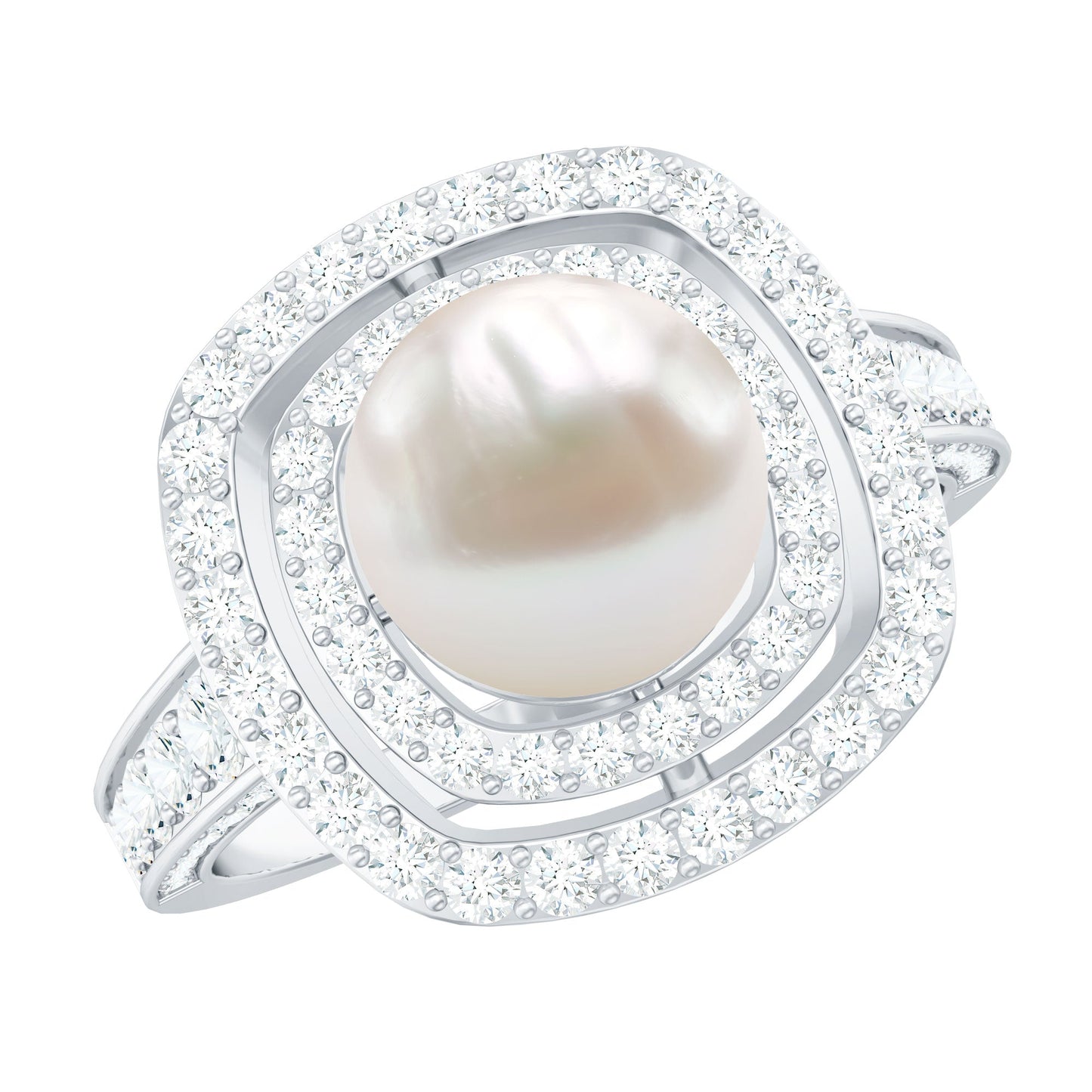 Cultured 3 Carat Freshwater Pearl Double Halo Engagement Ring with Moissanite