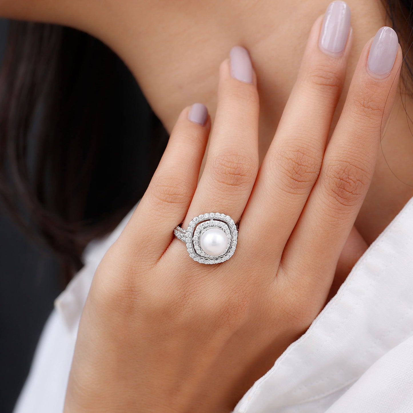 Cultured 3 Carat Freshwater Pearl Double Halo Engagement Ring with Moissanite