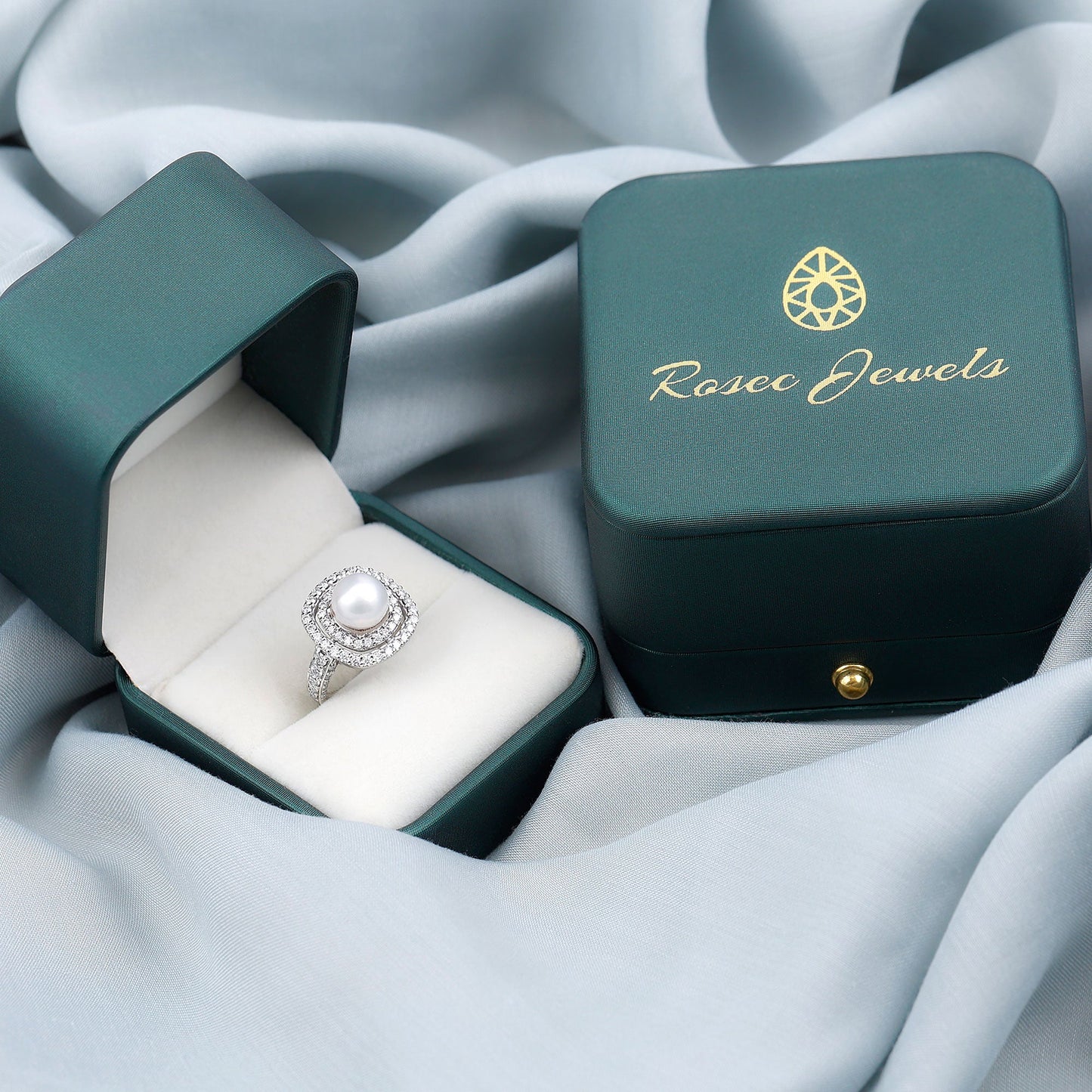 Cultured 3 Carat Freshwater Pearl Double Halo Engagement Ring with Moissanite