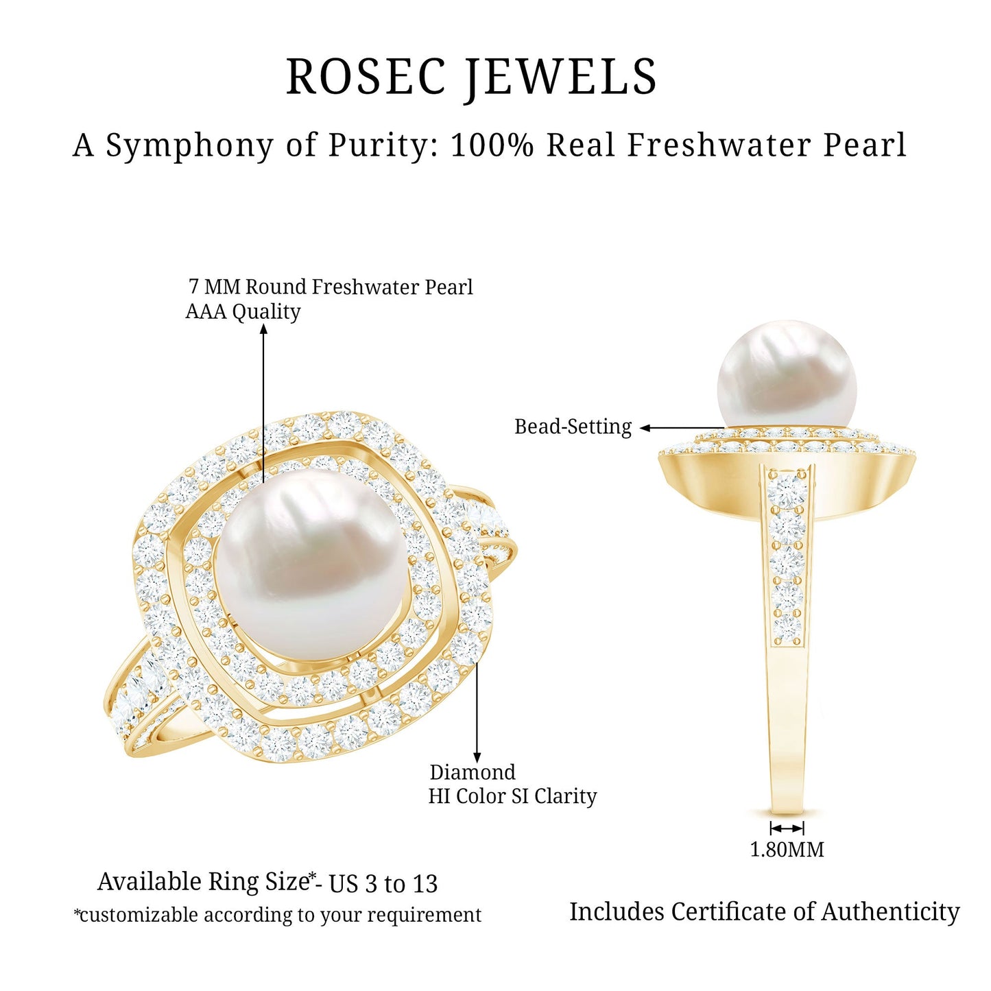 Cultured 3 Carat Freshwater Pearl Double Halo Engagement Ring with Moissanite