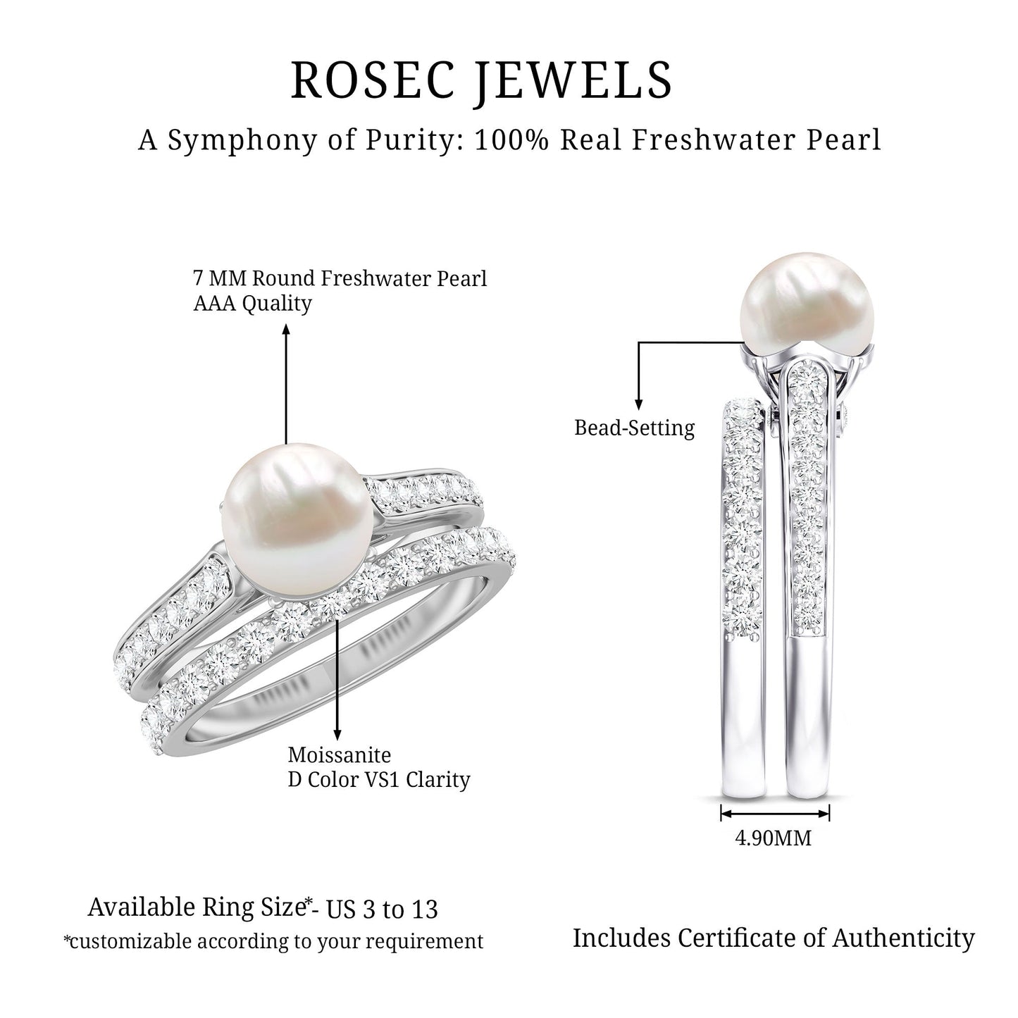 Cultured Freshwater Pearl Wedding Bridal Ring Set with Moissanite