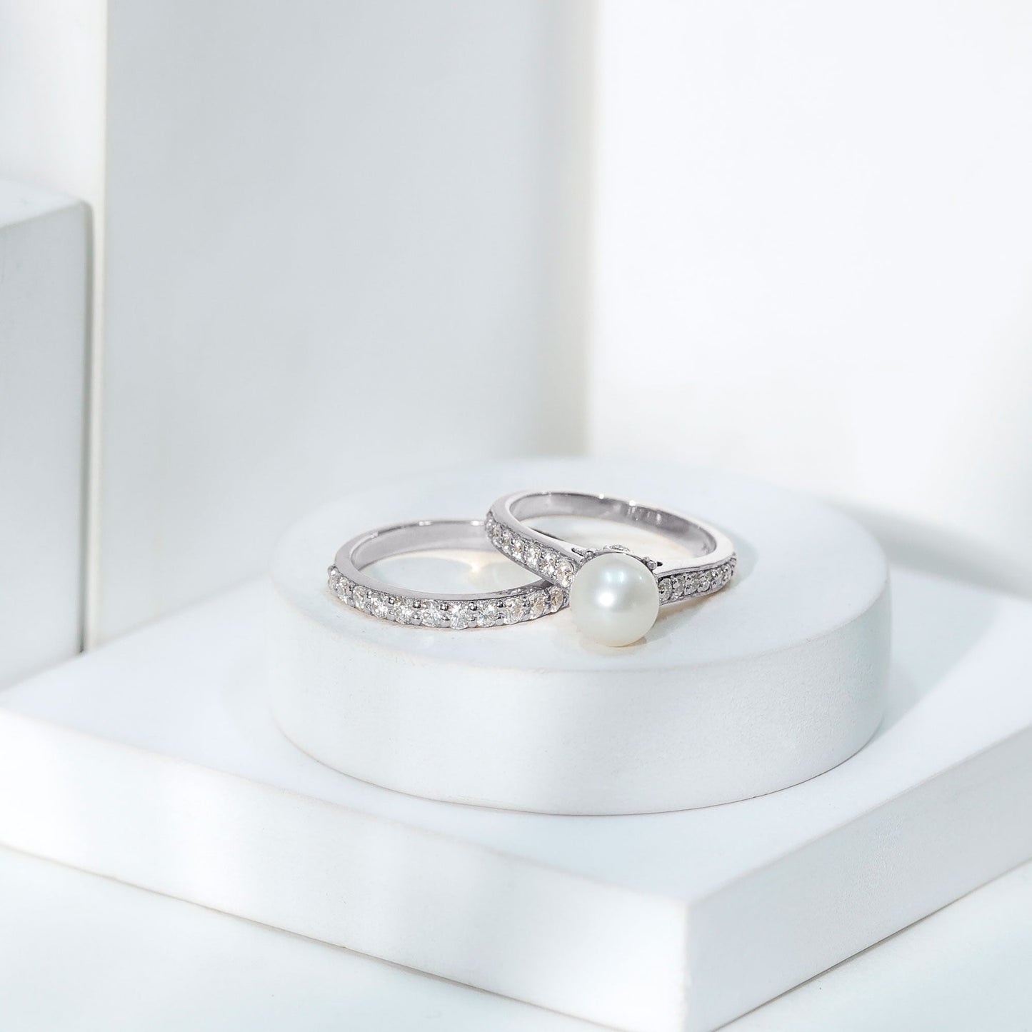 Cultured Freshwater Pearl Wedding Bridal Ring Set with Moissanite