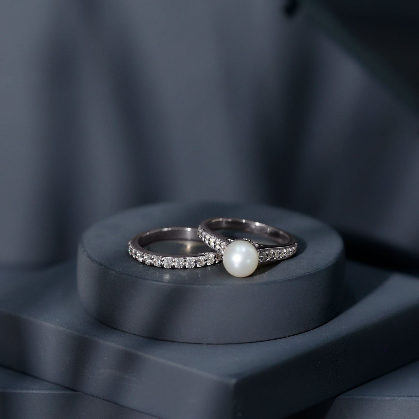 Cultured Freshwater Pearl Wedding Bridal Ring Set with Moissanite