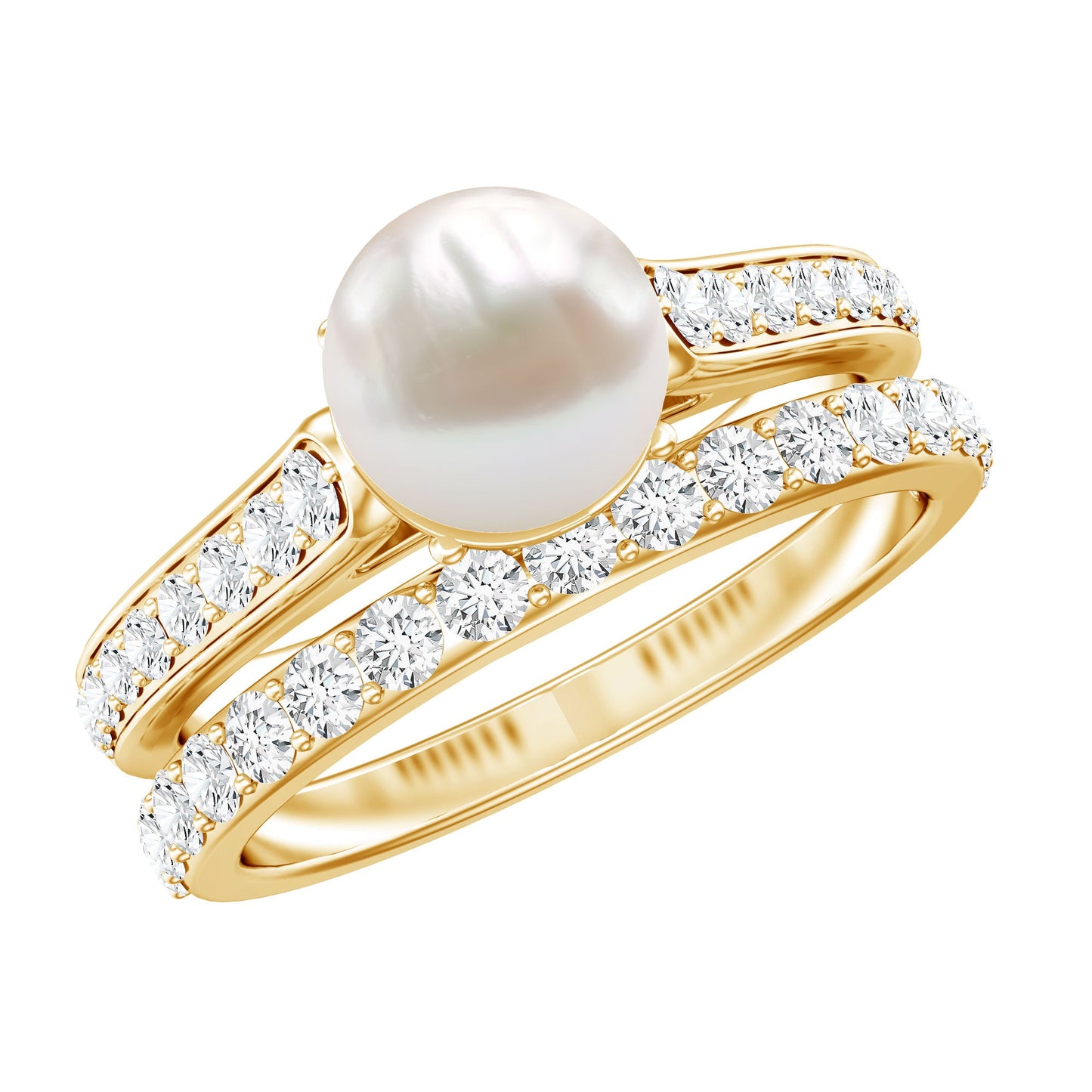 Cultured Freshwater Pearl Wedding Bridal Ring Set with Moissanite