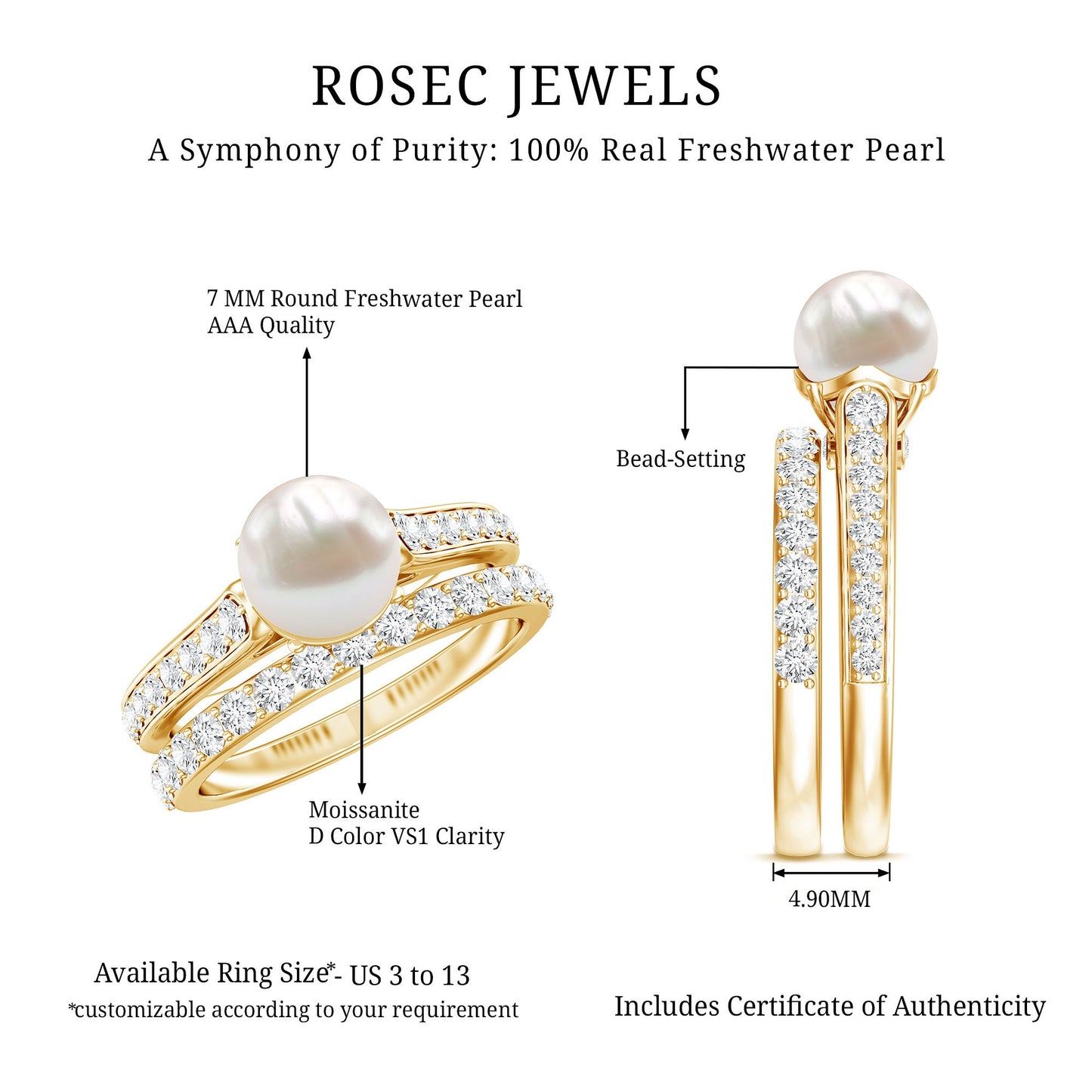 Cultured Freshwater Pearl Wedding Bridal Ring Set with Moissanite