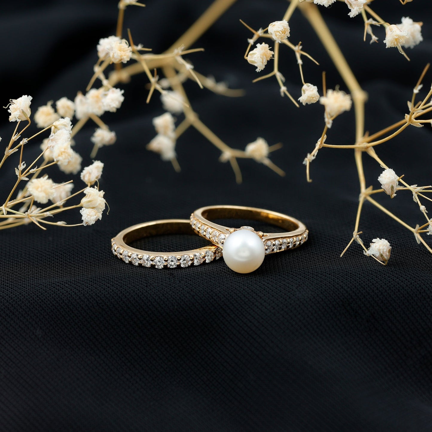Cultured Freshwater Pearl Wedding Bridal Ring Set with Moissanite