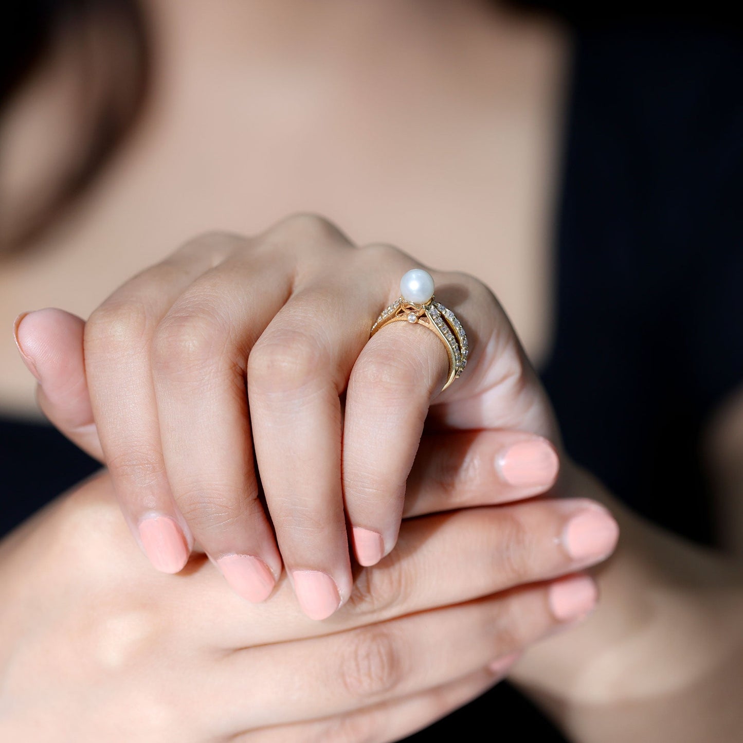 Cultured Freshwater Pearl Wedding Bridal Ring Set with Moissanite