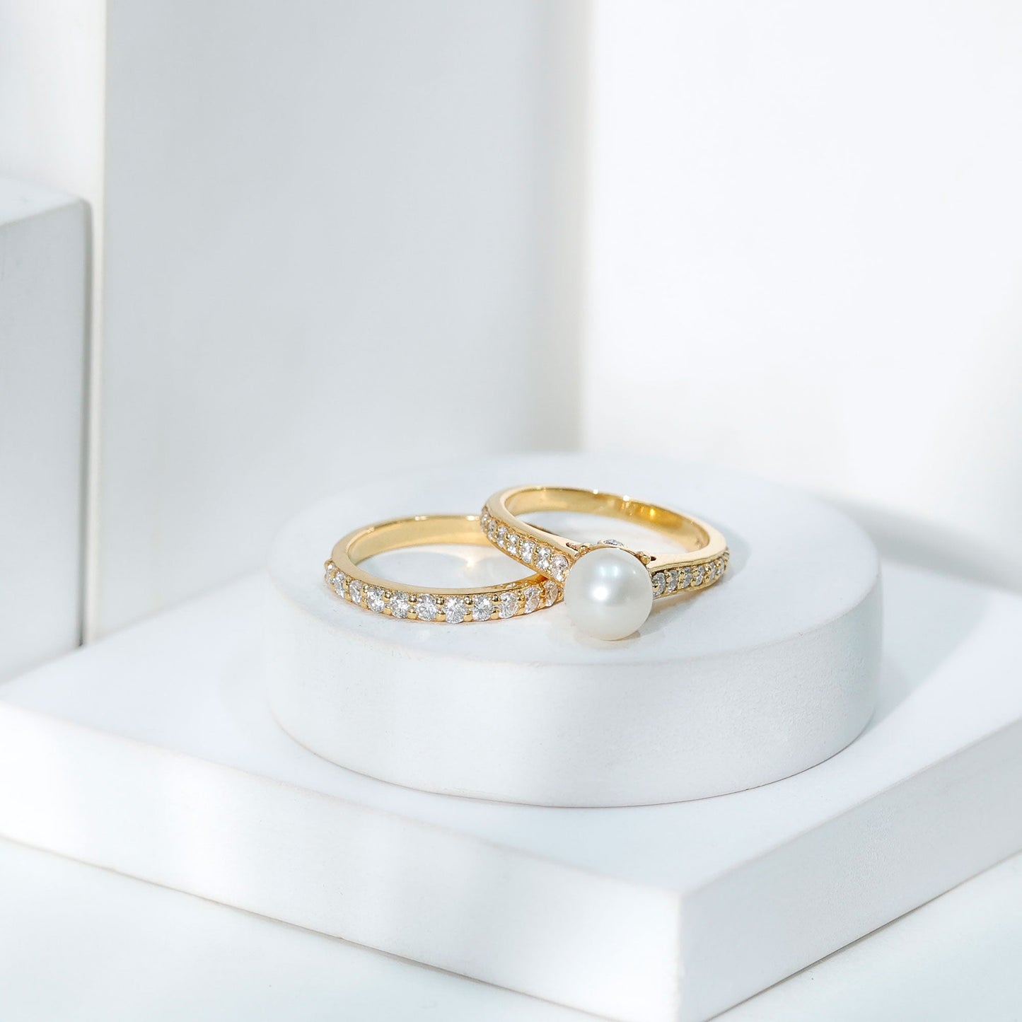 Cultured Freshwater Pearl Wedding Bridal Ring Set with Moissanite