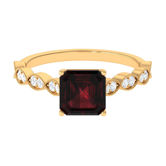 Real 3.3 Carat Asscher Cut Garnet Engagement Ring with Diamond