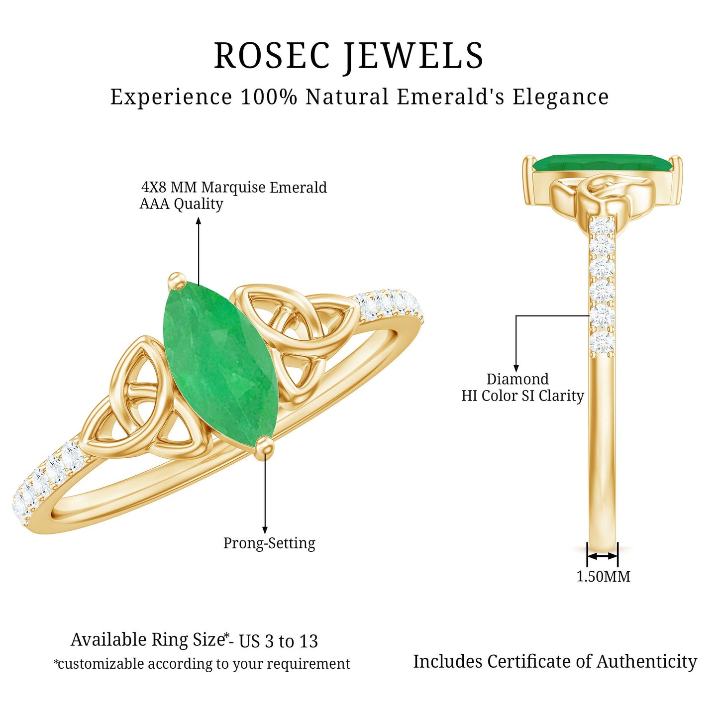 Natural Marquise Emerald Diamond Promise Ring with Celtic Knot