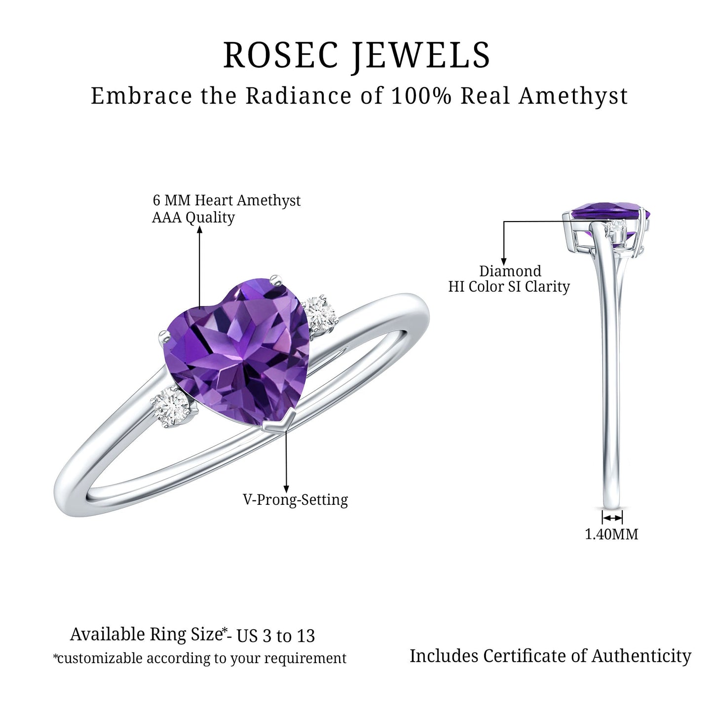 Real 0.9 Carat Amethyst Heart Engagement Ring with Diamond