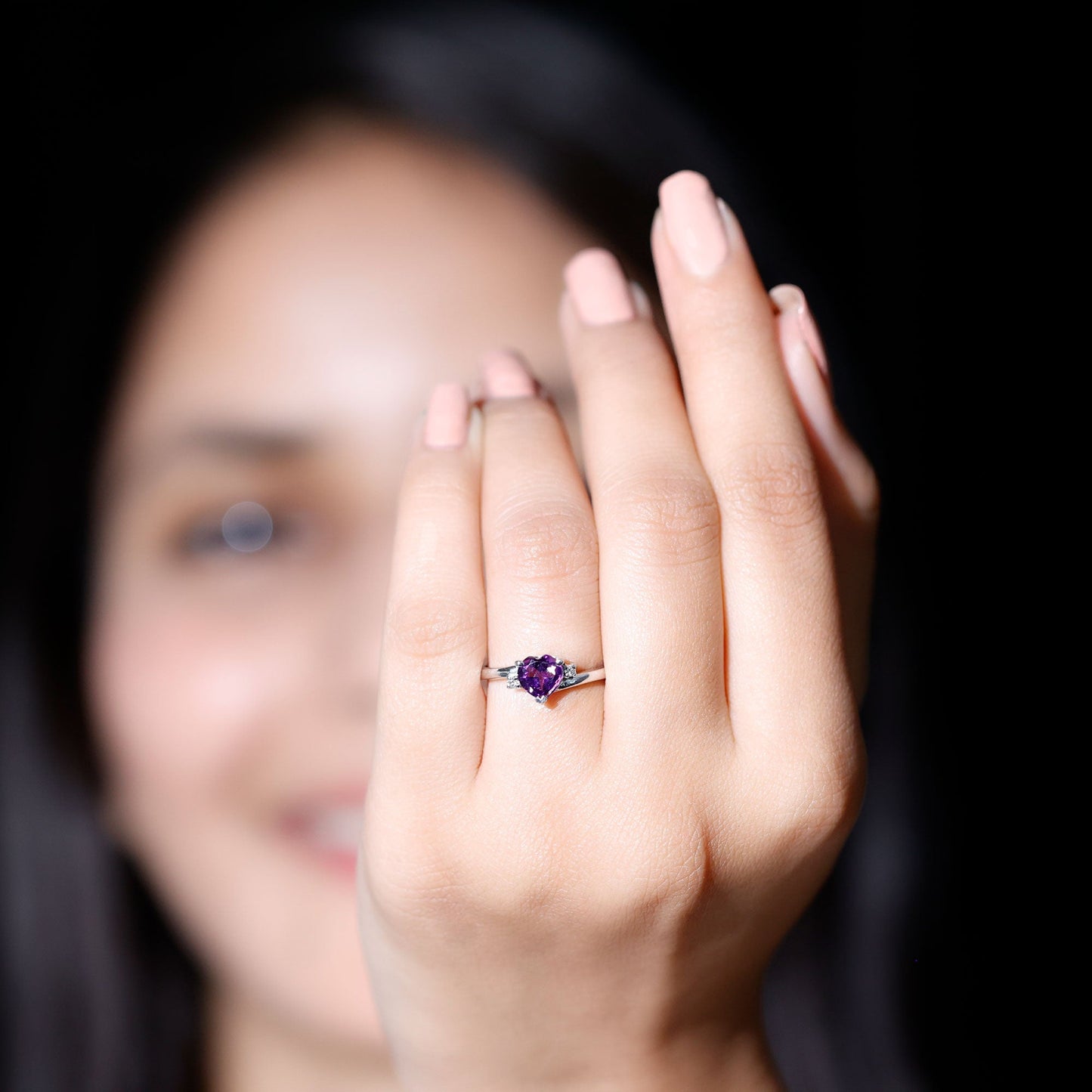 Real 0.9 Carat Amethyst Heart Engagement Ring with Diamond