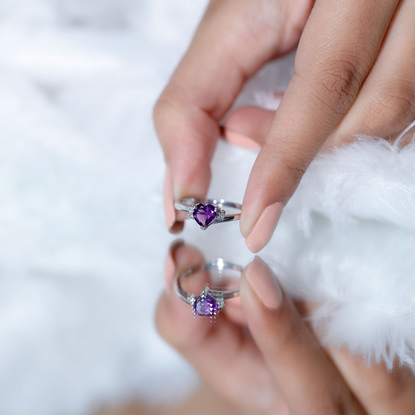 Real 0.9 Carat Amethyst Heart Engagement Ring with Diamond