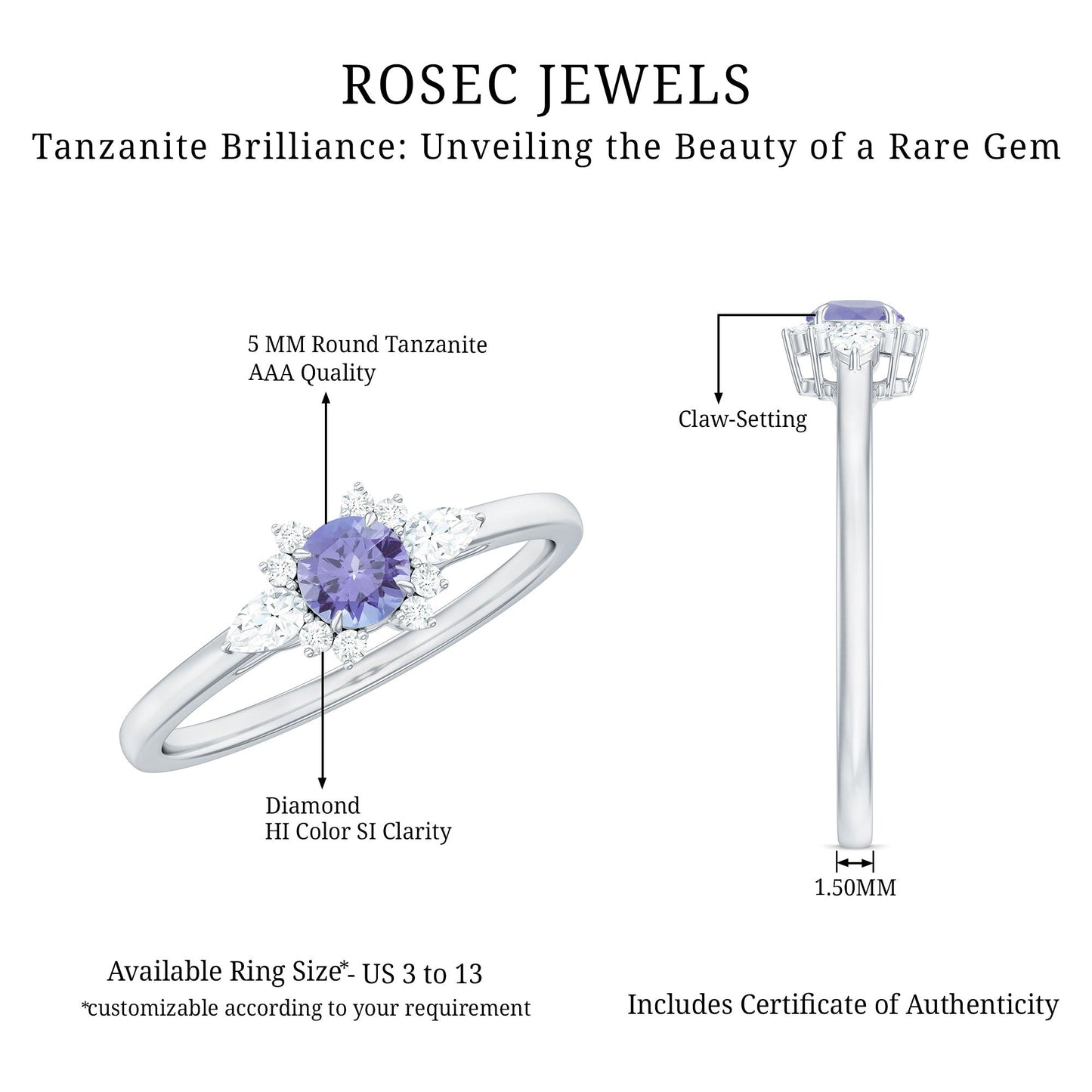 Natural Tanzanite Promise Ring with Diamond stones