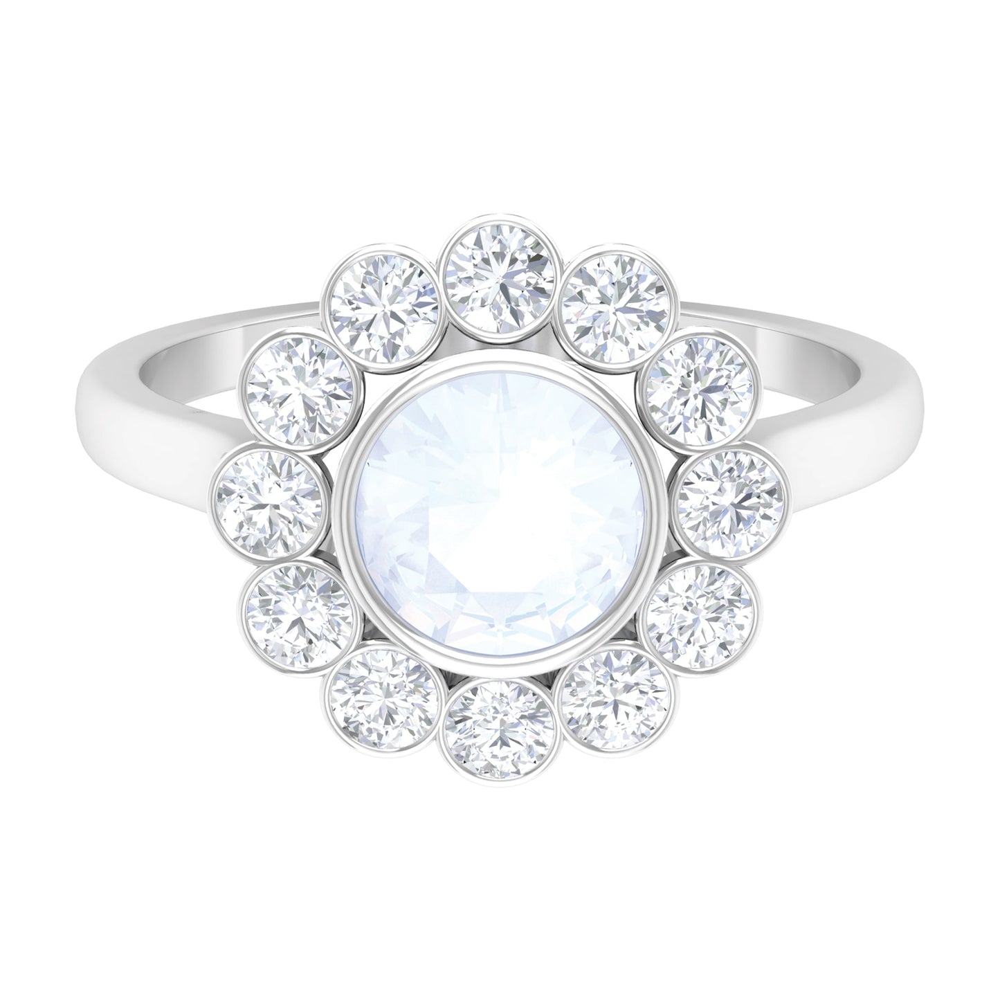 Bezel Set Moonstone Statement Engagement Ring with Diamond Halo