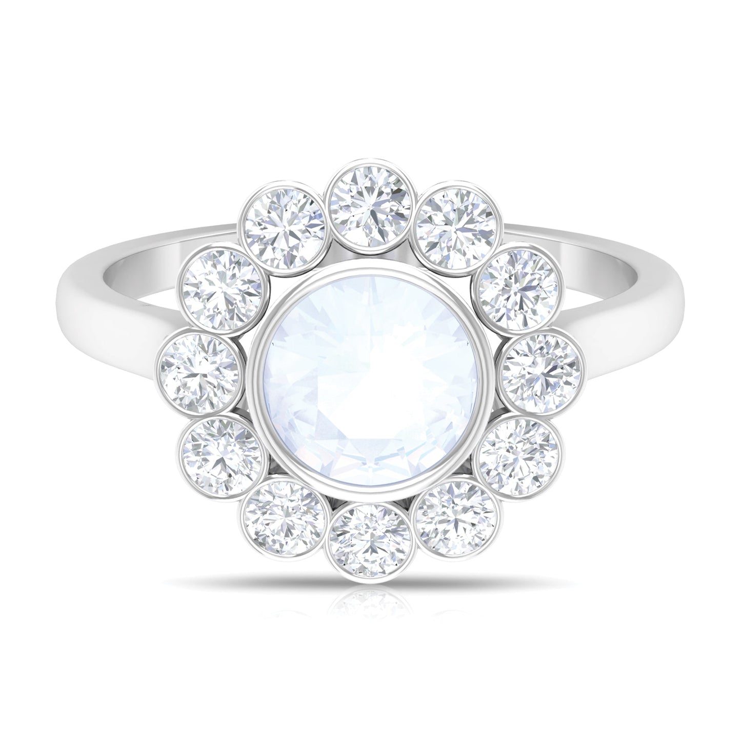 Bezel Set Moonstone Statement Engagement Ring with Diamond Halo