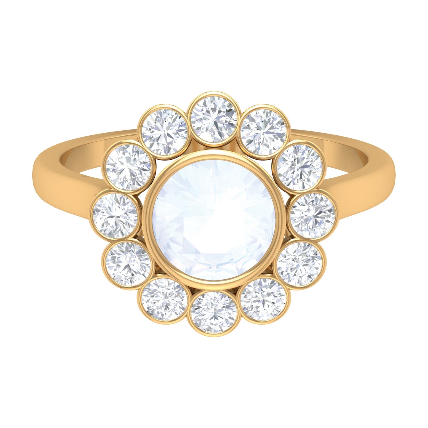 Bezel Set Moonstone Statement Engagement Ring with Diamond Halo