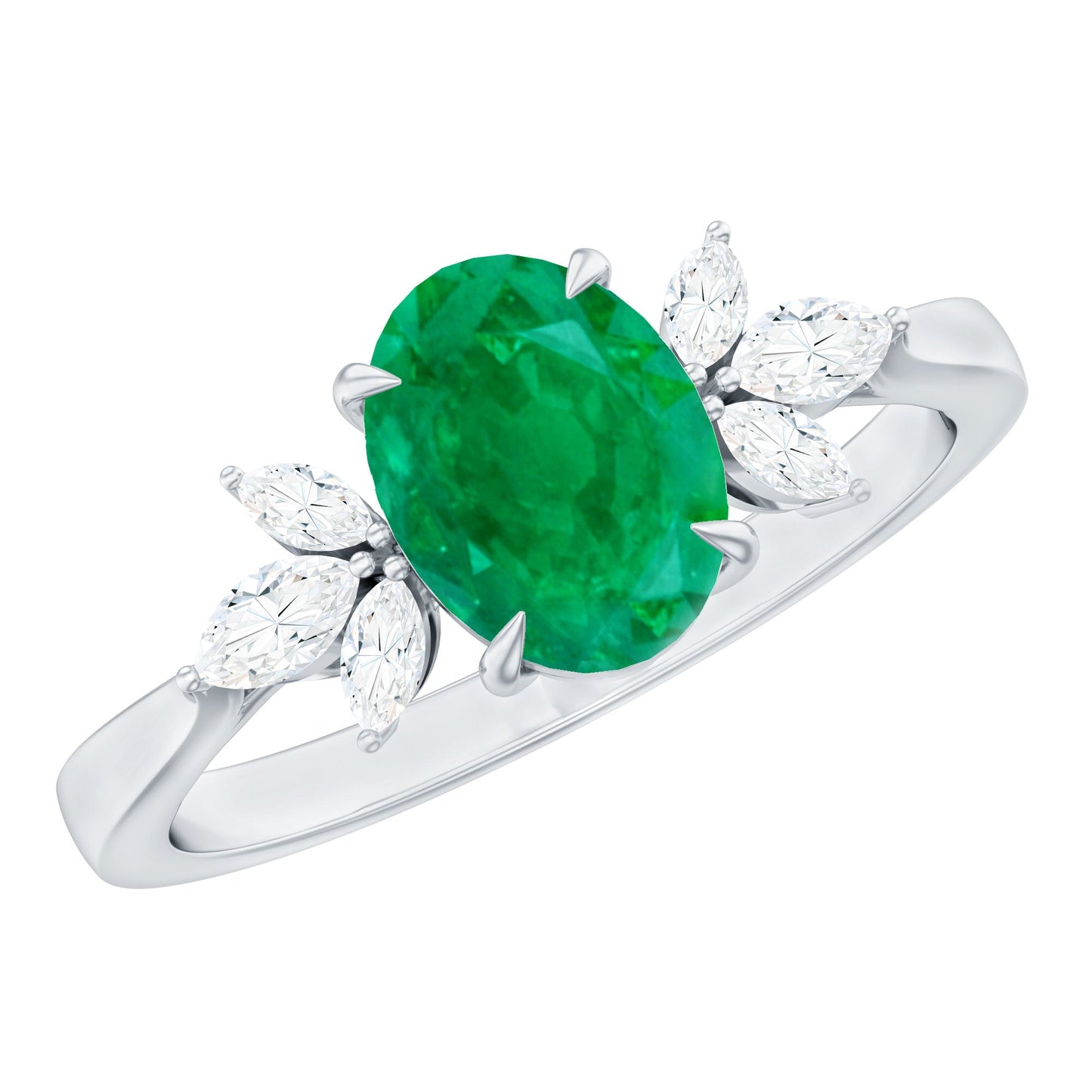 Oval Shaped Emerald Engagement Ring with Marquise Diamond Trio