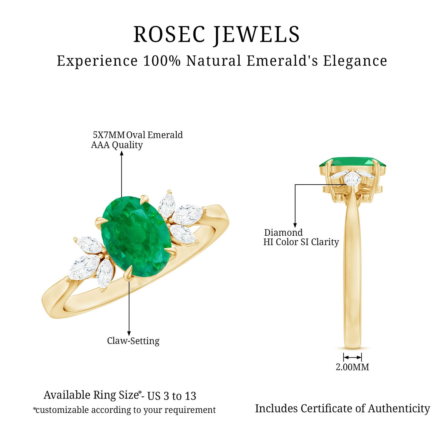 Oval Shaped Emerald Engagement Ring with Marquise Diamond Trio