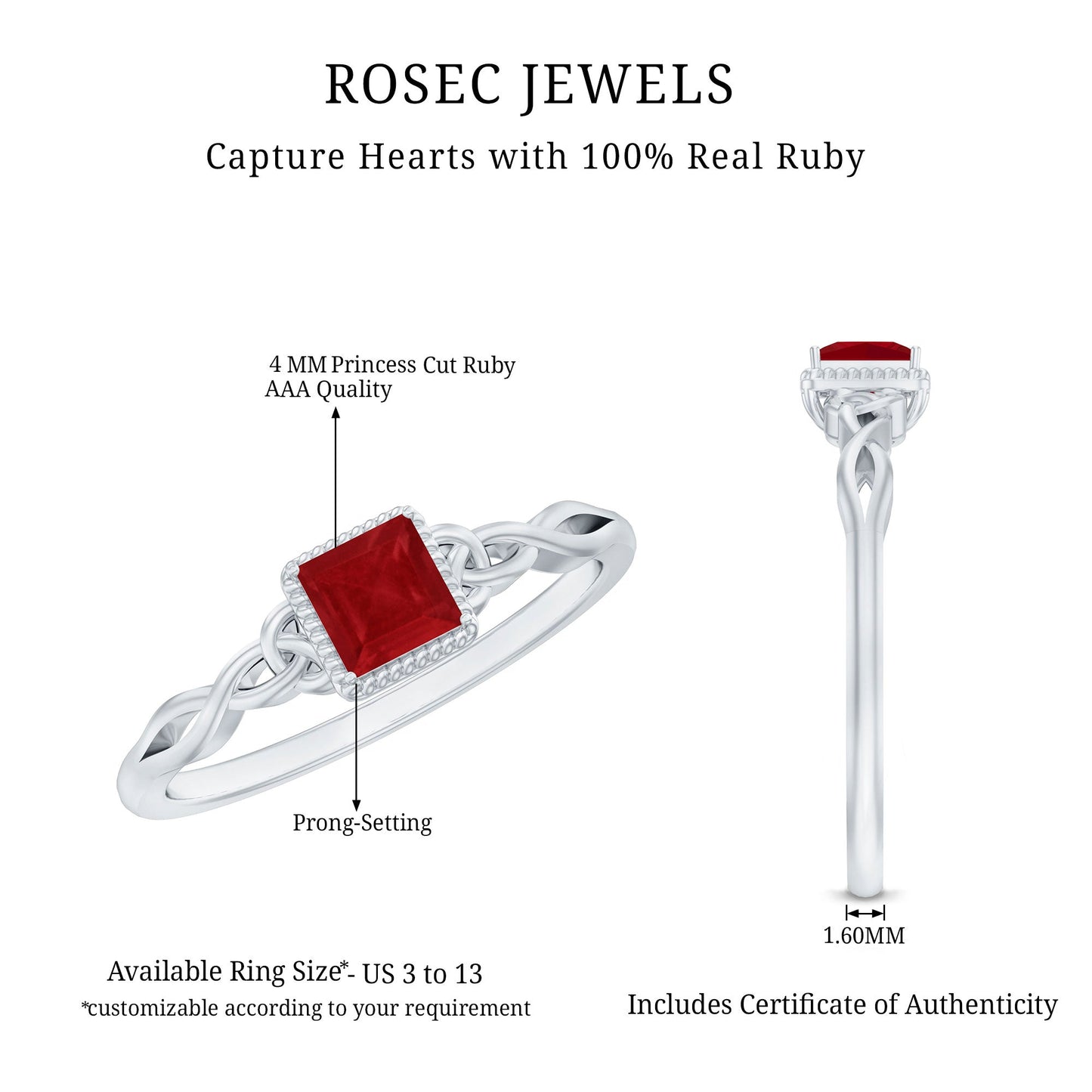 Real Princess Cut Ruby Promise Ring with Celtic Knot