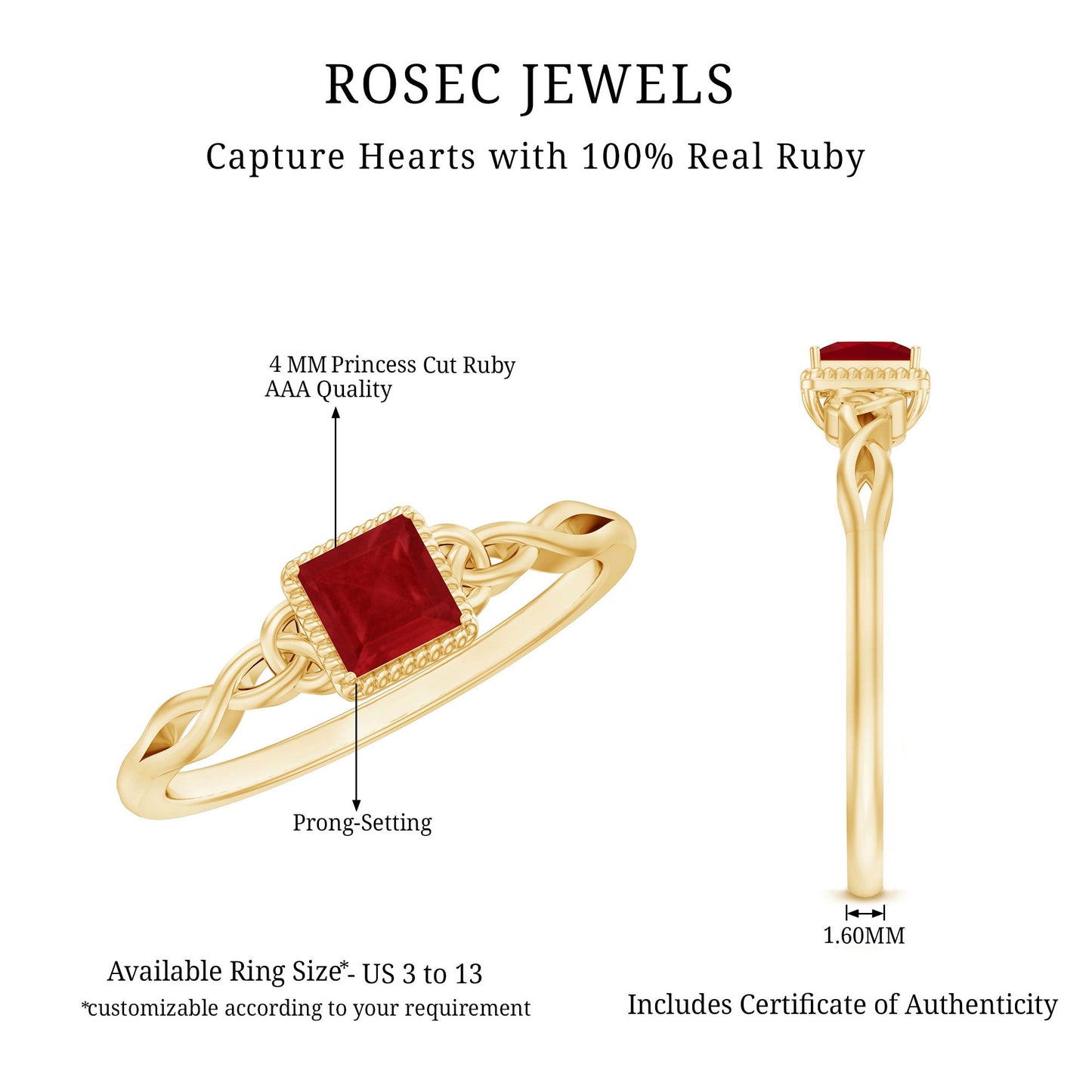 Real Princess Cut Ruby Promise Ring with Celtic Knot