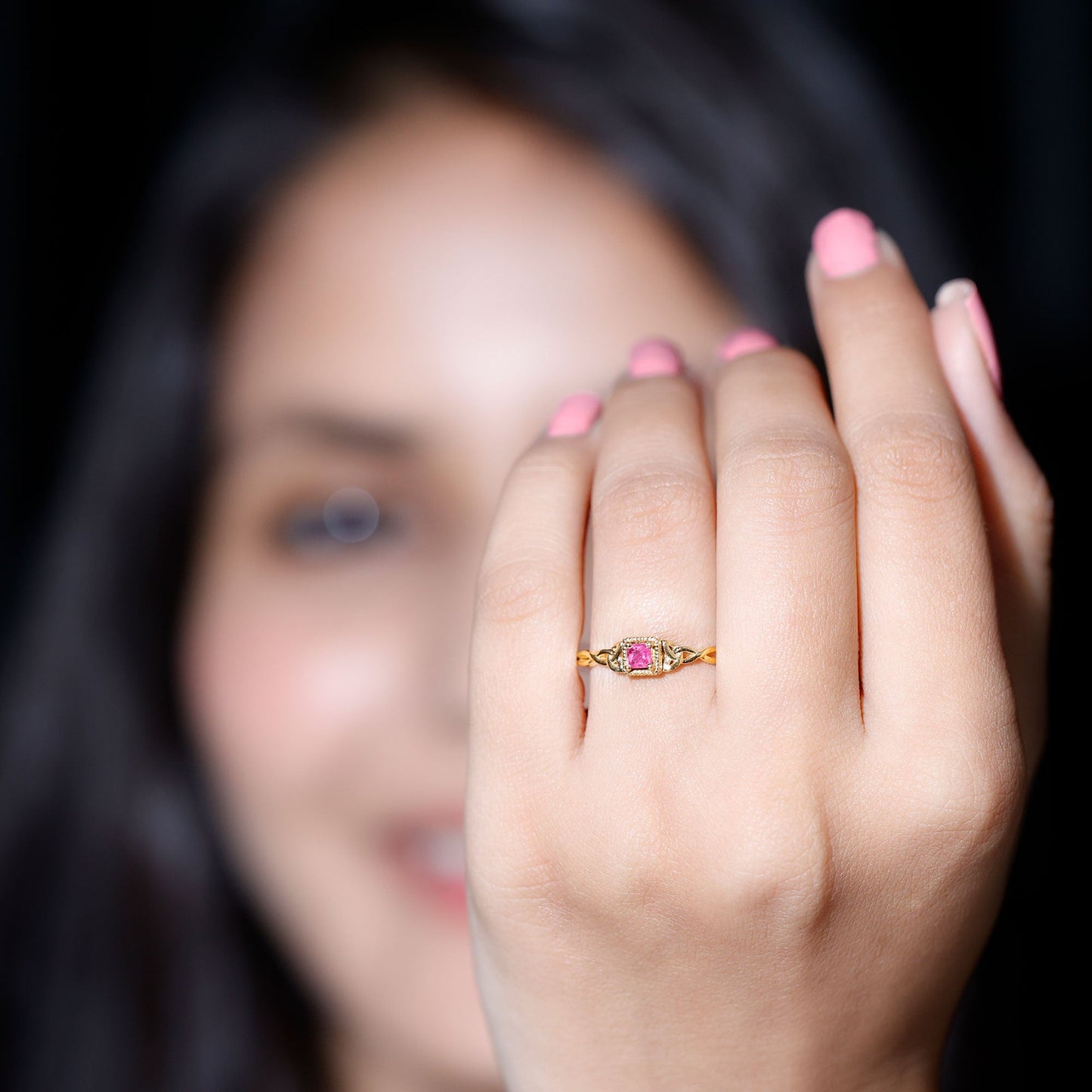 Real Princess Cut Ruby Promise Ring with Celtic Knot