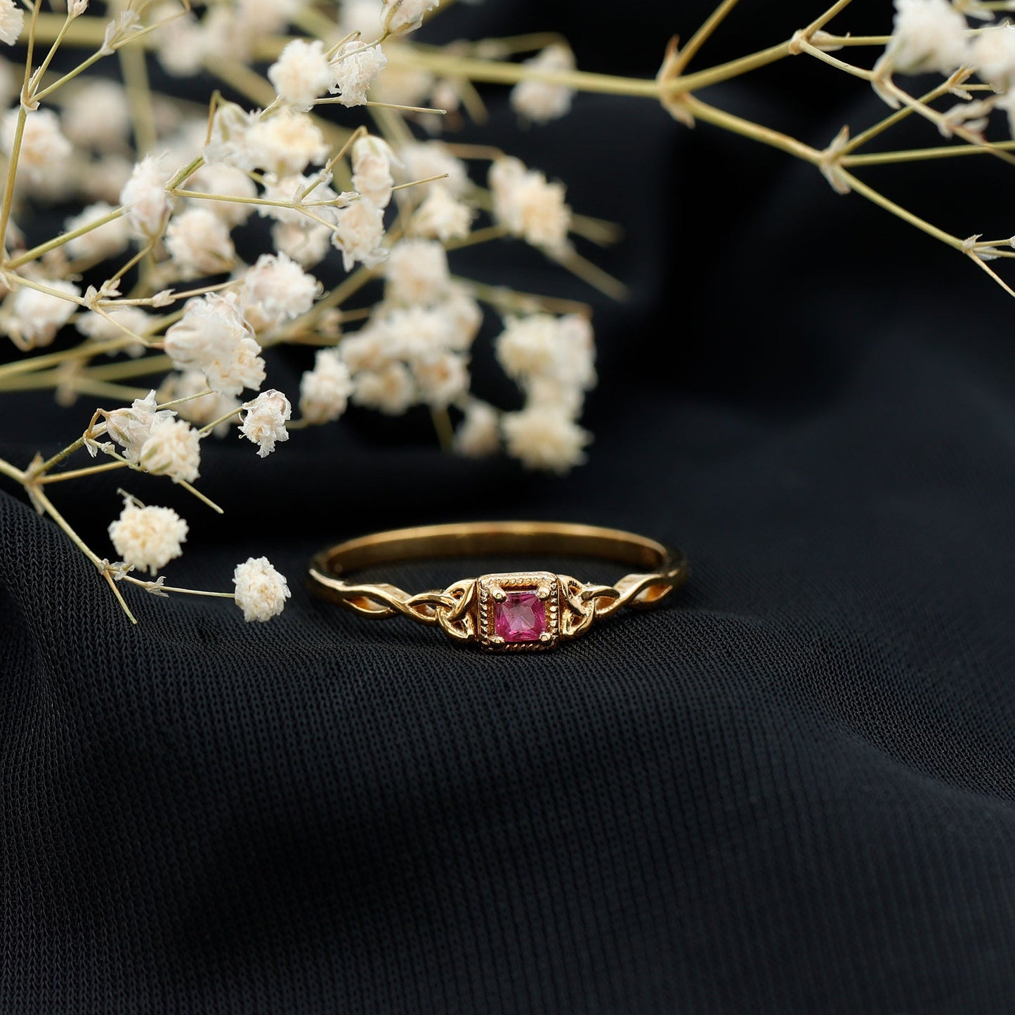Real Princess Cut Ruby Promise Ring with Celtic Knot