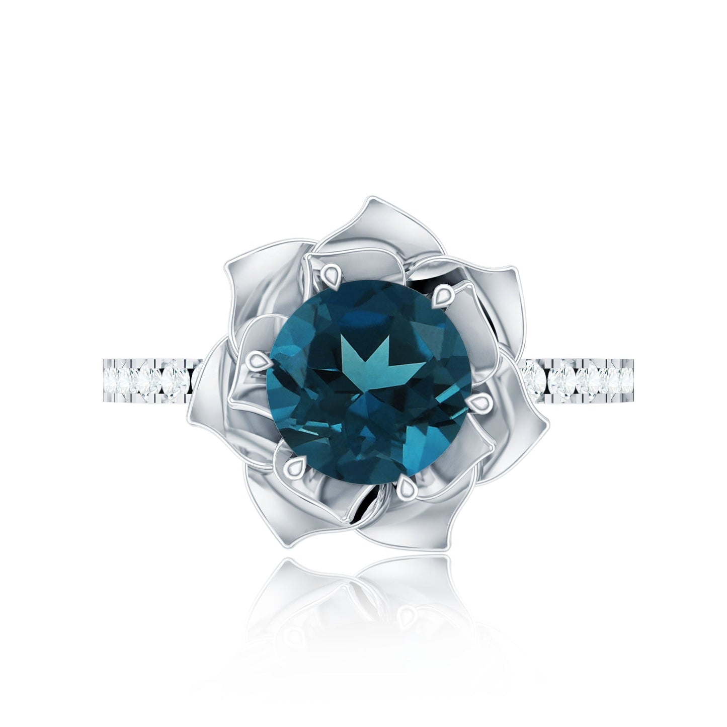 Rose Flower Engagement Ring with London Blue Topaz and Diamond
