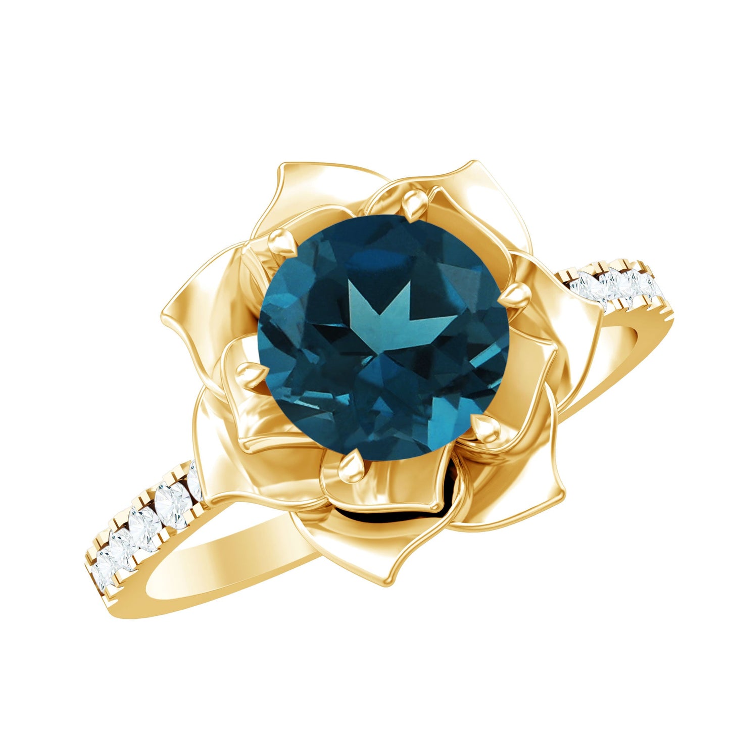 Rose Flower Engagement Ring with London Blue Topaz and Diamond