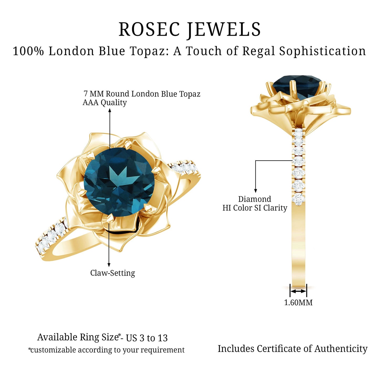 Rose Flower Engagement Ring with London Blue Topaz and Diamond