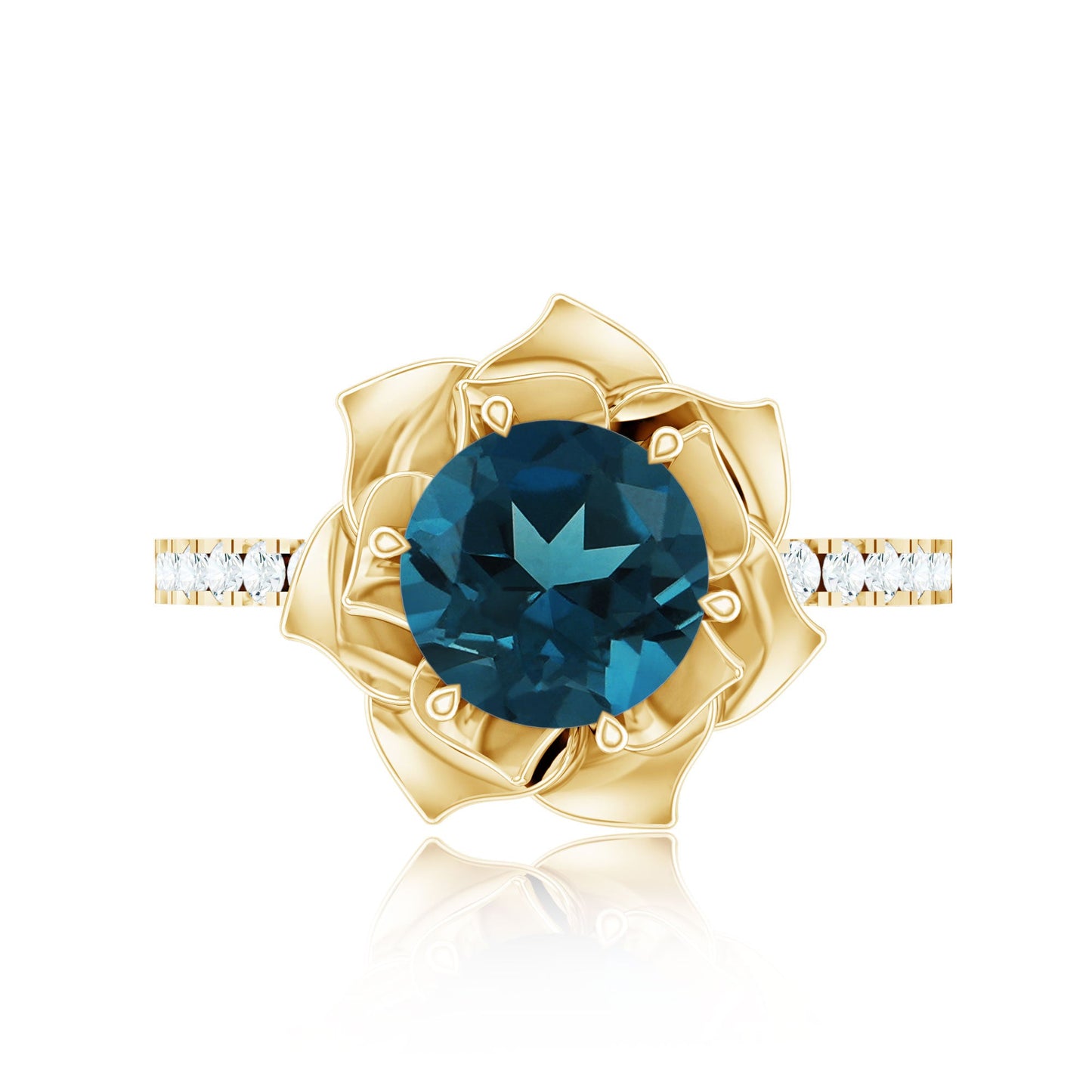 Rose Flower Engagement Ring with London Blue Topaz and Diamond