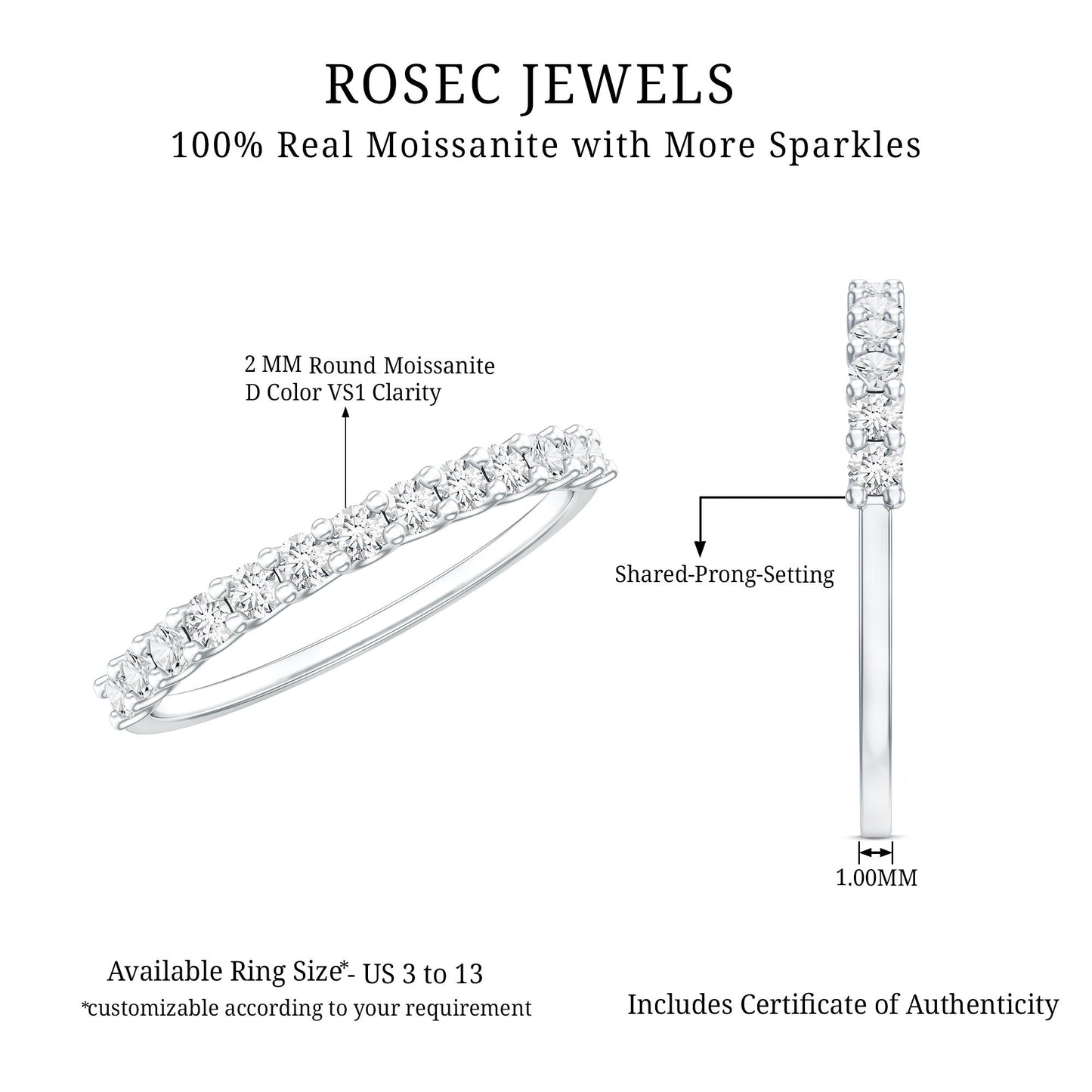 Moissanite Half Eternity Ring in Shared Prong Setting