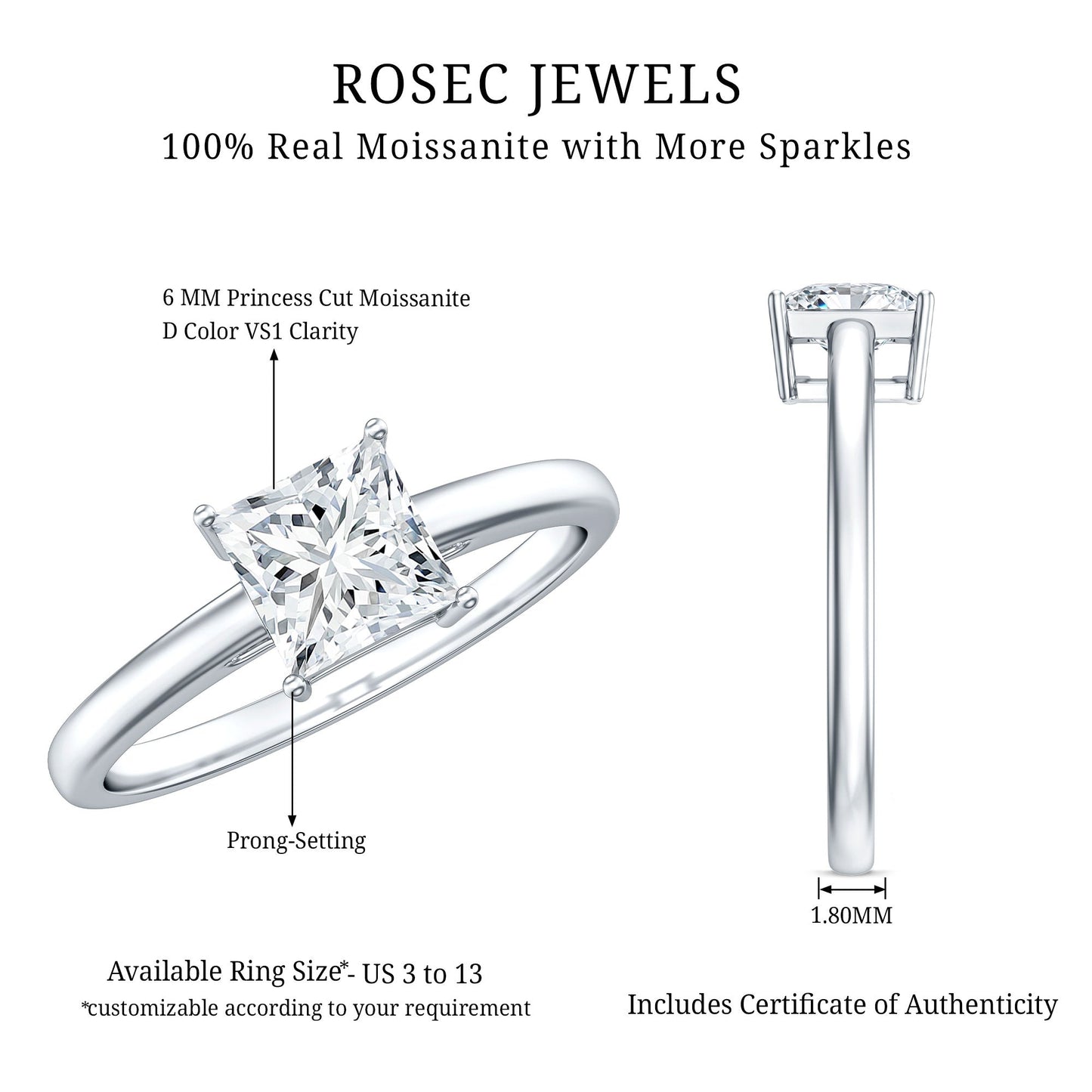1 CT Princess Cut Moissanite Solitaire Ring for Women