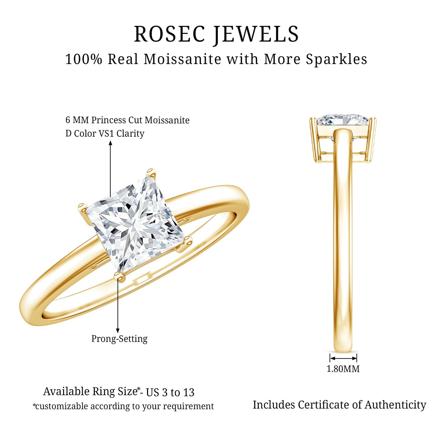 1 CT Princess Cut Moissanite Solitaire Ring for Women