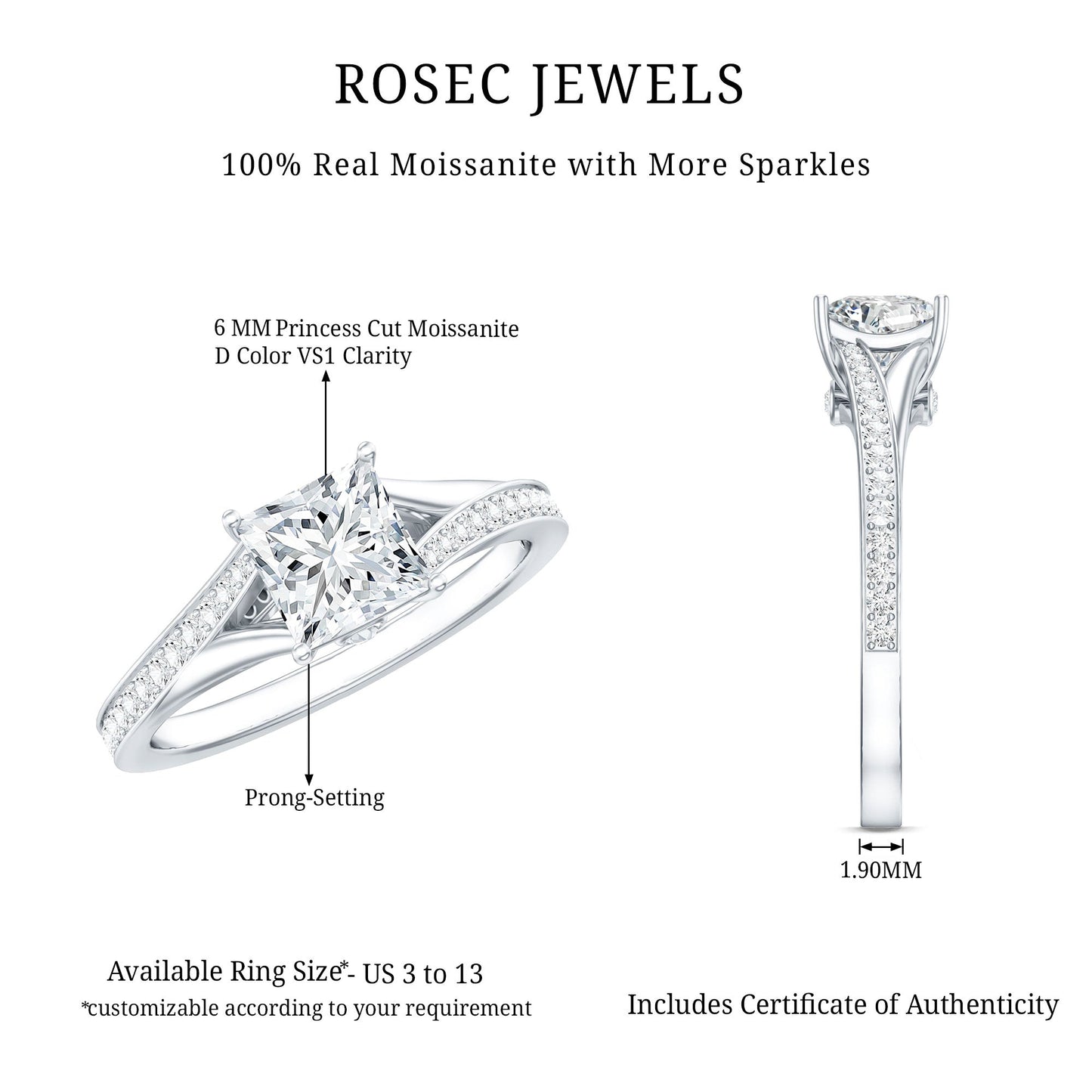 Certified Princess Cut Moissanite Engagement Ring With Split Shank