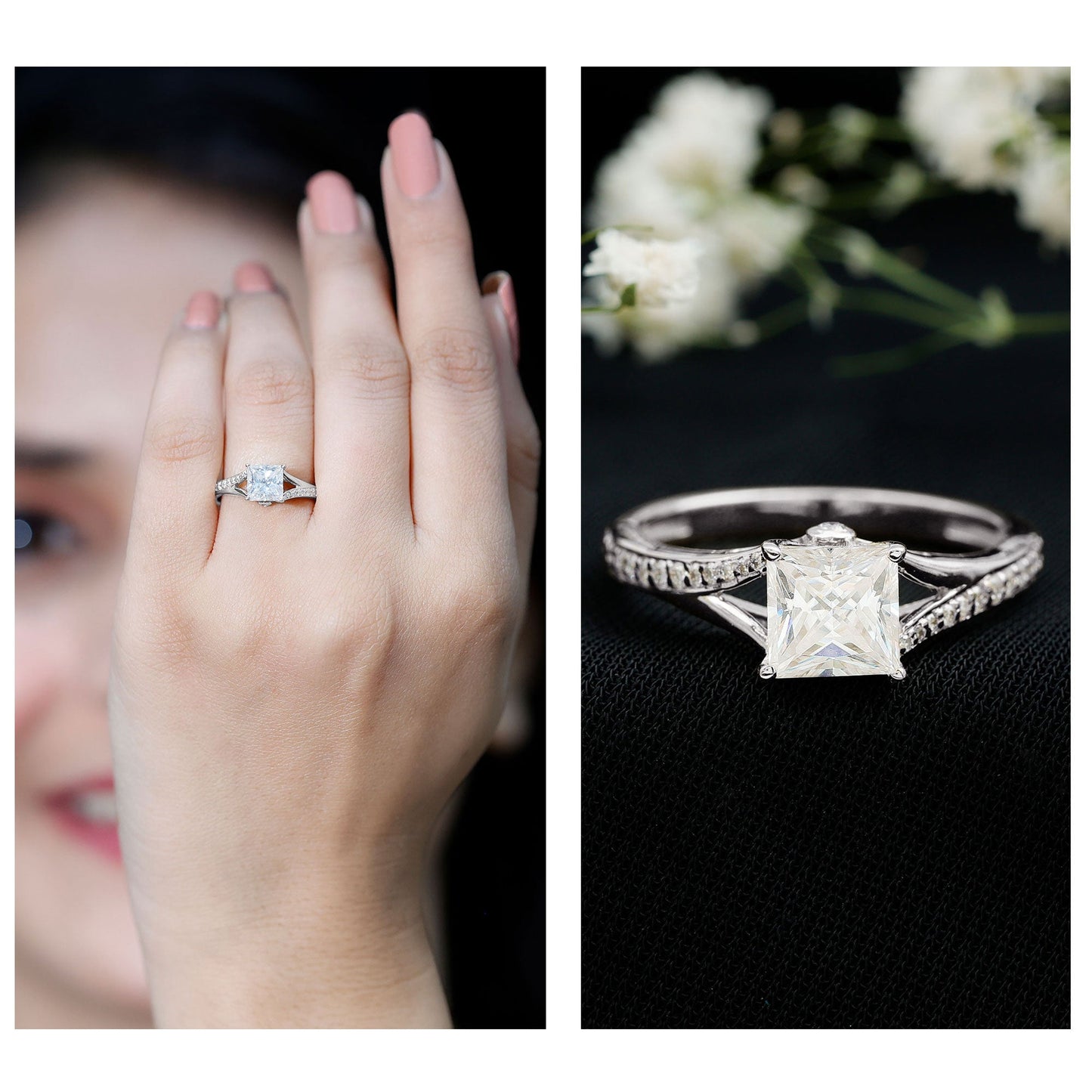 Certified Princess Cut Moissanite Engagement Ring With Split Shank