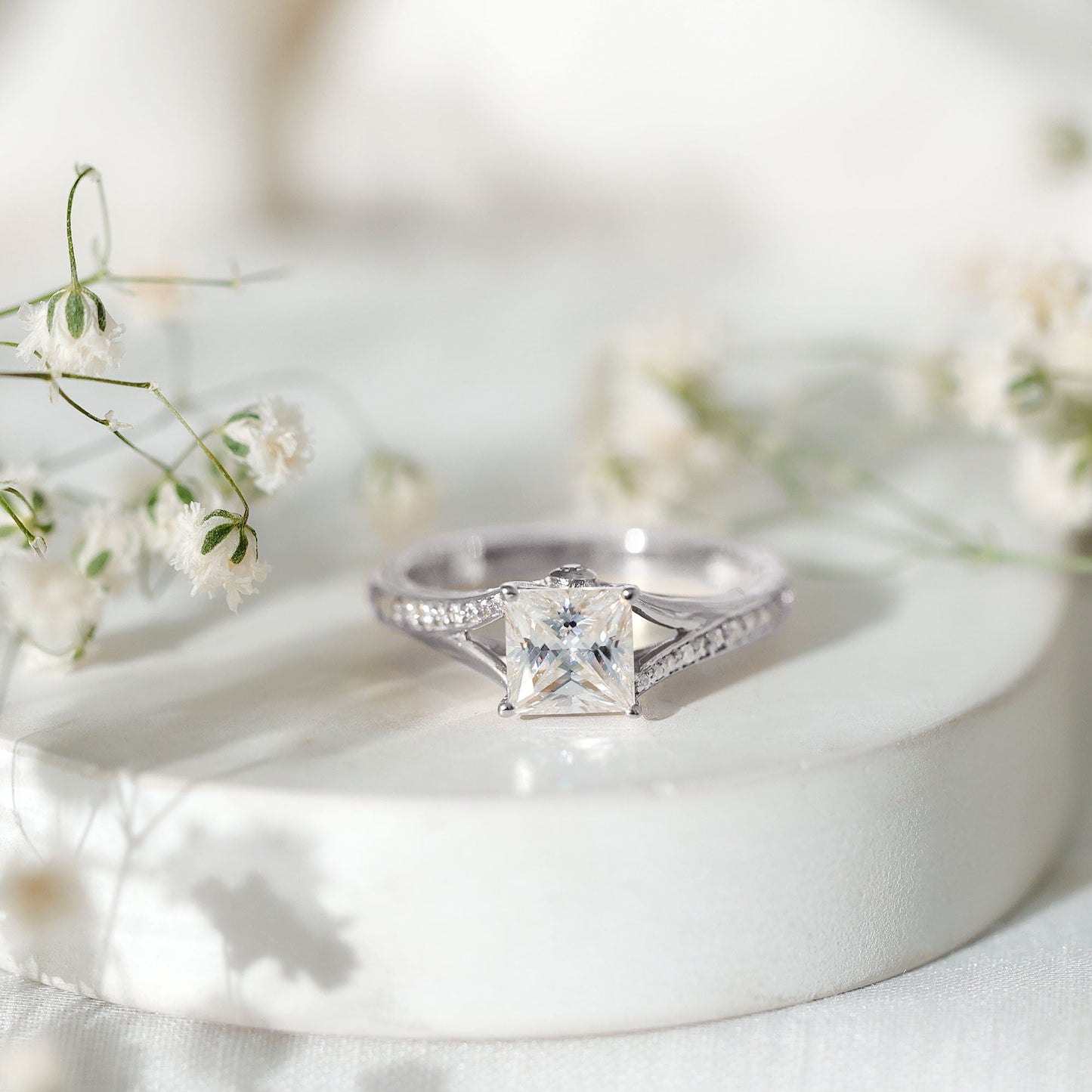 Certified Princess Cut Moissanite Engagement Ring With Split Shank