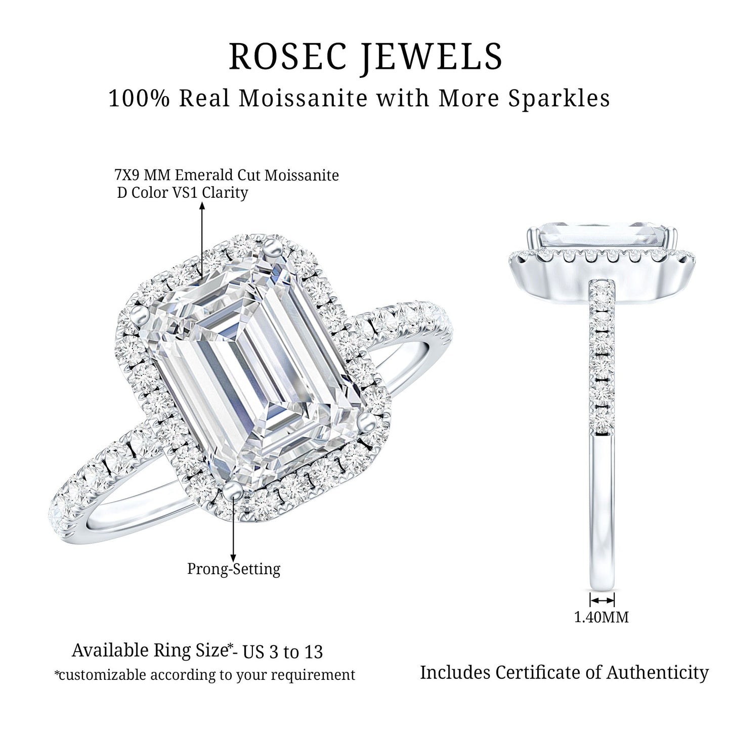 Certified Moissanite Emerald Cut Engagement Ring With Halo