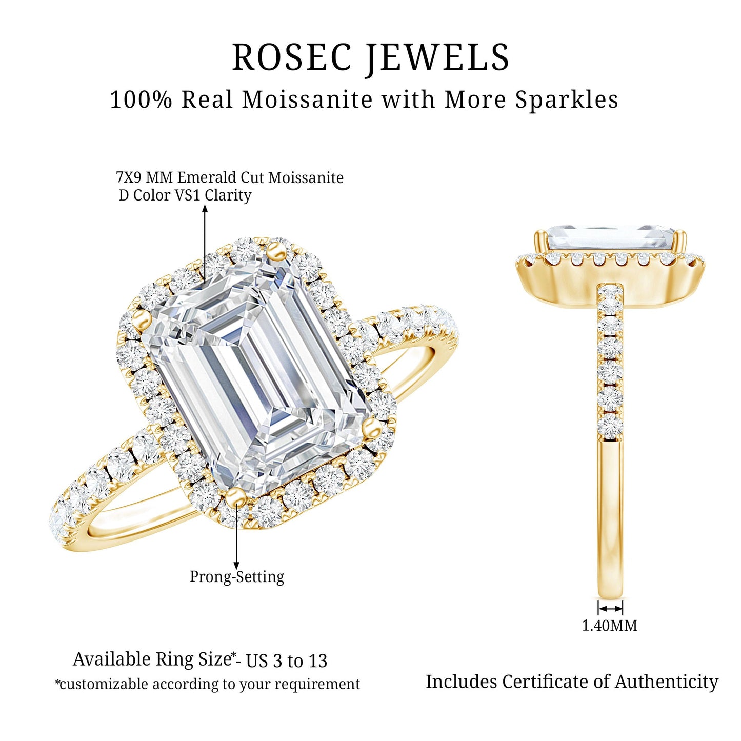 Certified Moissanite Emerald Cut Engagement Ring With Halo