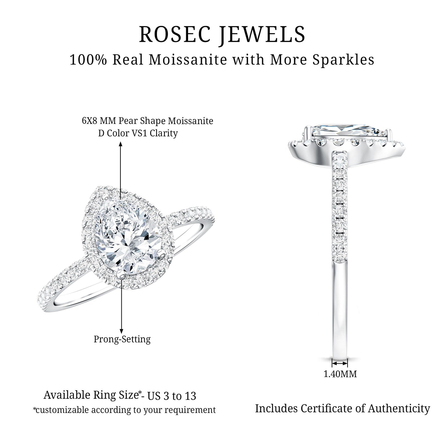 Pear Shape Moissanite Halo Engagement Ring for Women