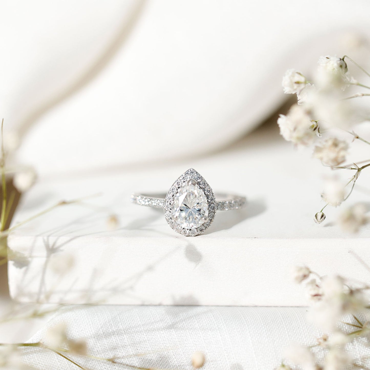 Pear Shape Moissanite Halo Engagement Ring for Women