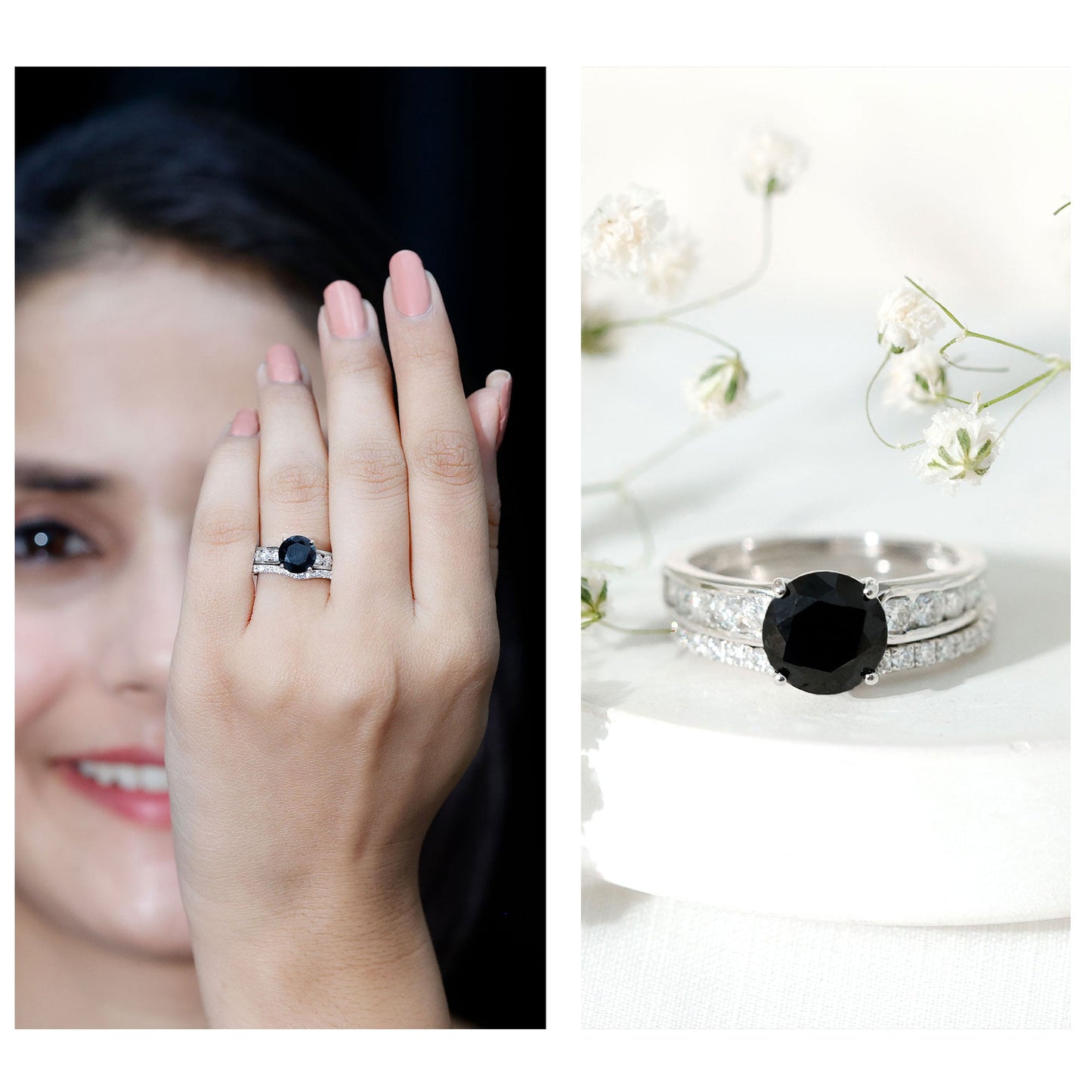 2 Carat Lab Grown Black Diamond Engagement Ring with Moissanite Enhancer
