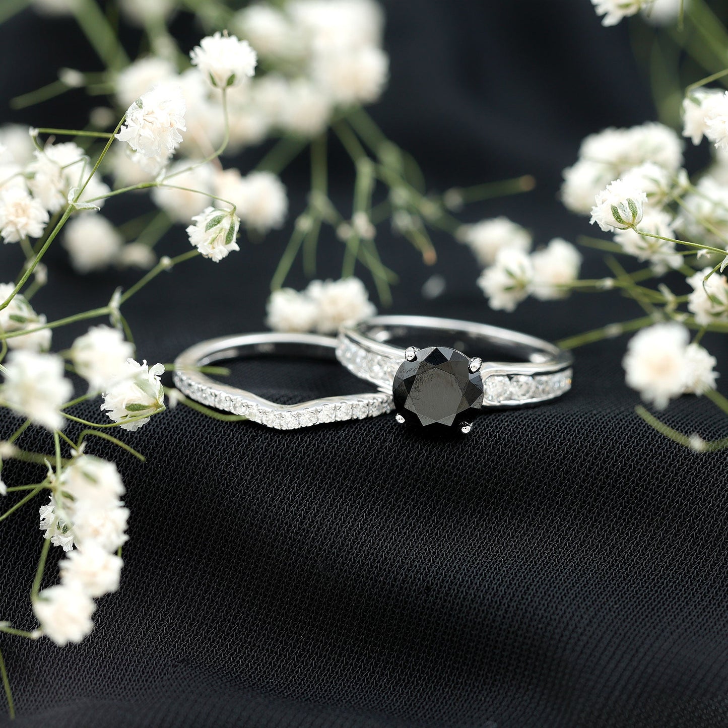 2 Carat Lab Grown Black Diamond Engagement Ring with Moissanite Enhancer