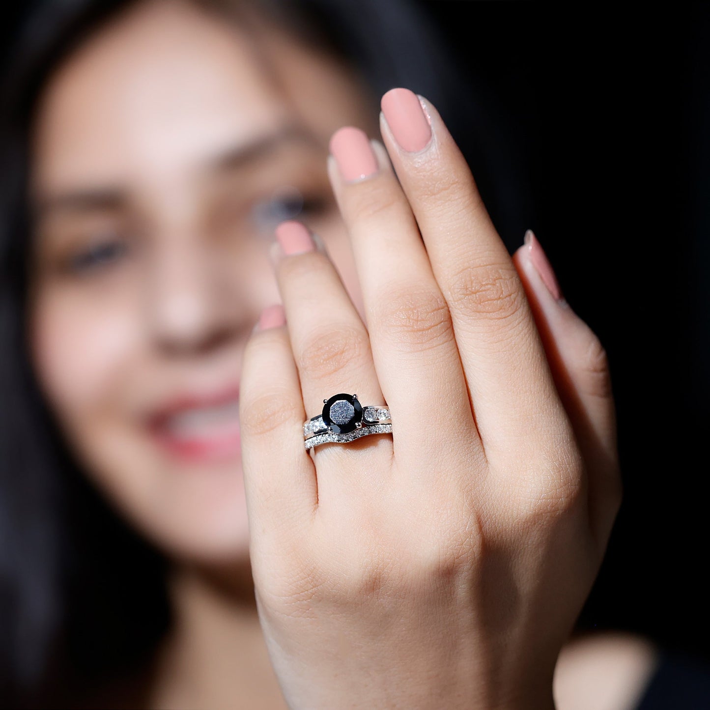 2 Carat Lab Grown Black Diamond Engagement Ring with Moissanite Enhancer