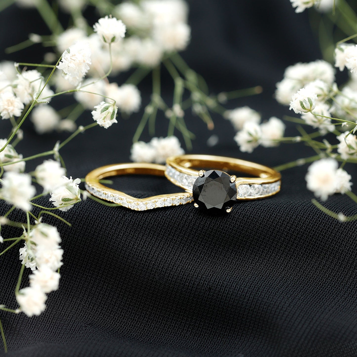 2 Carat Lab Grown Black Diamond Engagement Ring with Moissanite Enhancer