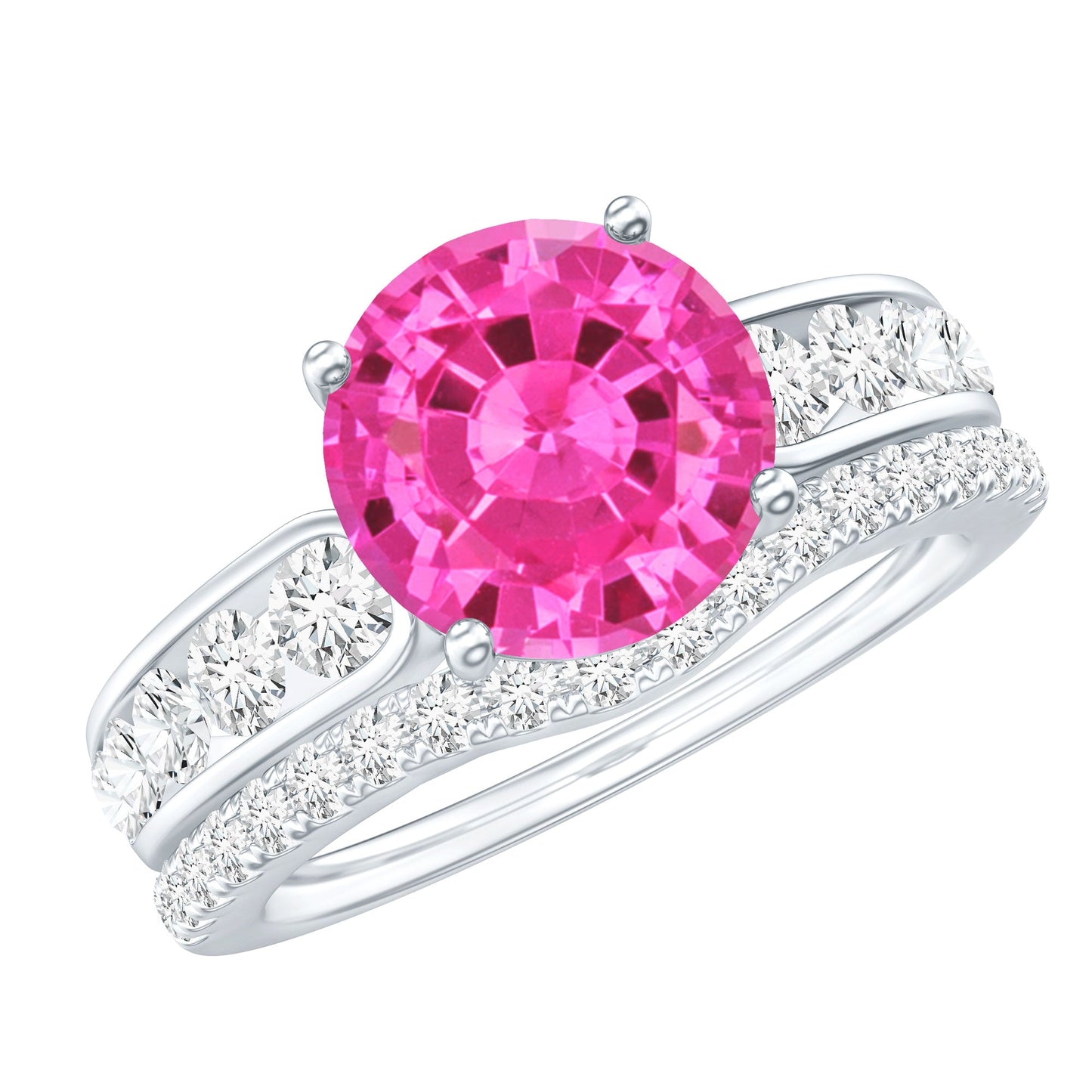 2.25 Carat Lab Grown Pink Sapphire Solitaire Bridal Ring Set